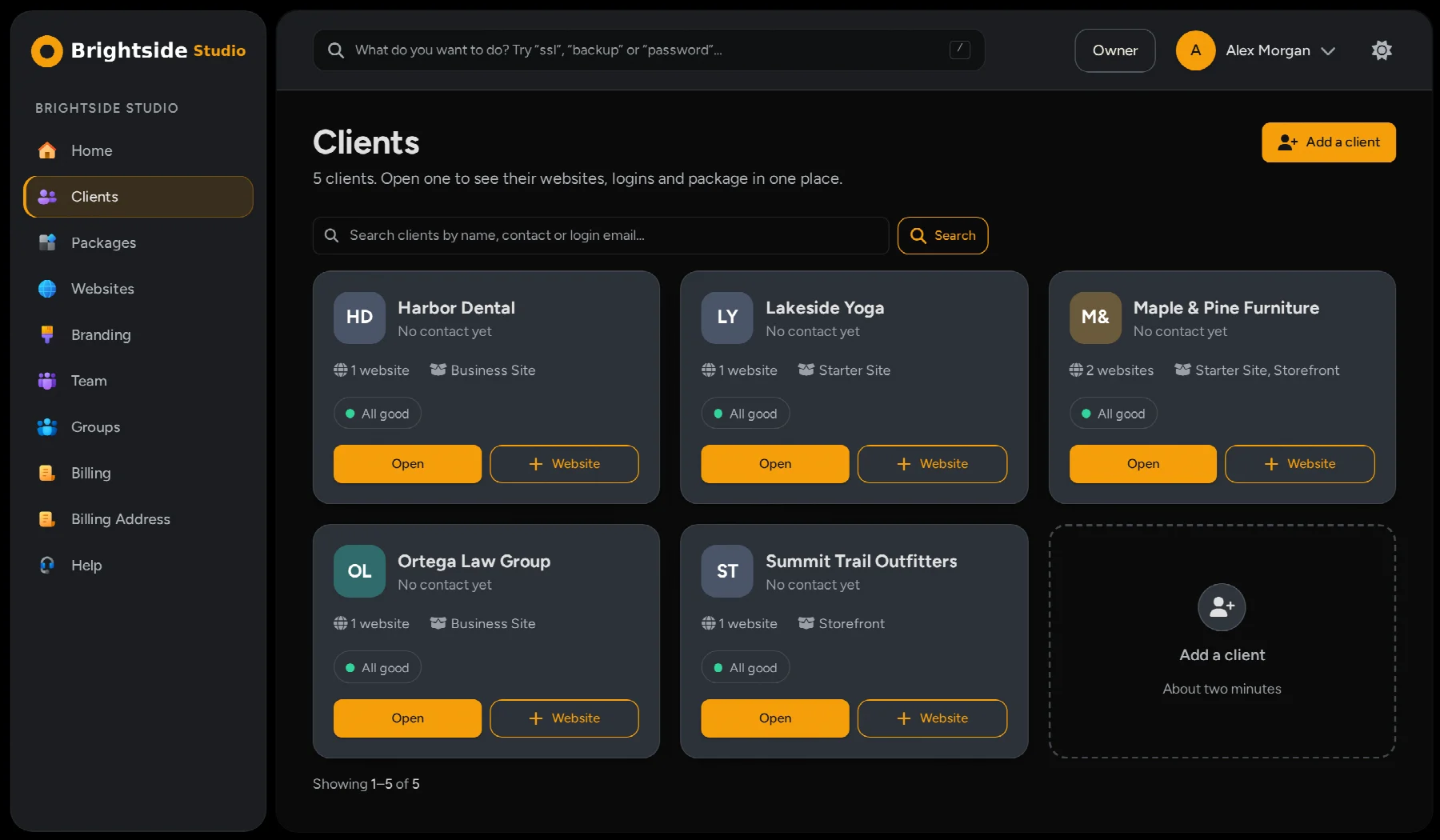 The Clients page of an agency portal, listing each client organization with its number of websites.