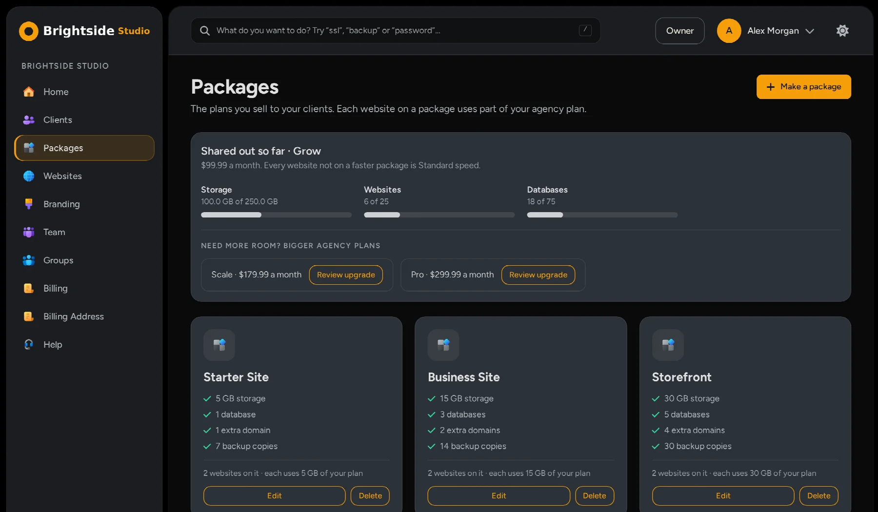 The Packages page of an agency portal: the shared resource pool with usage bars, upgrade options and the packages the agency offers.