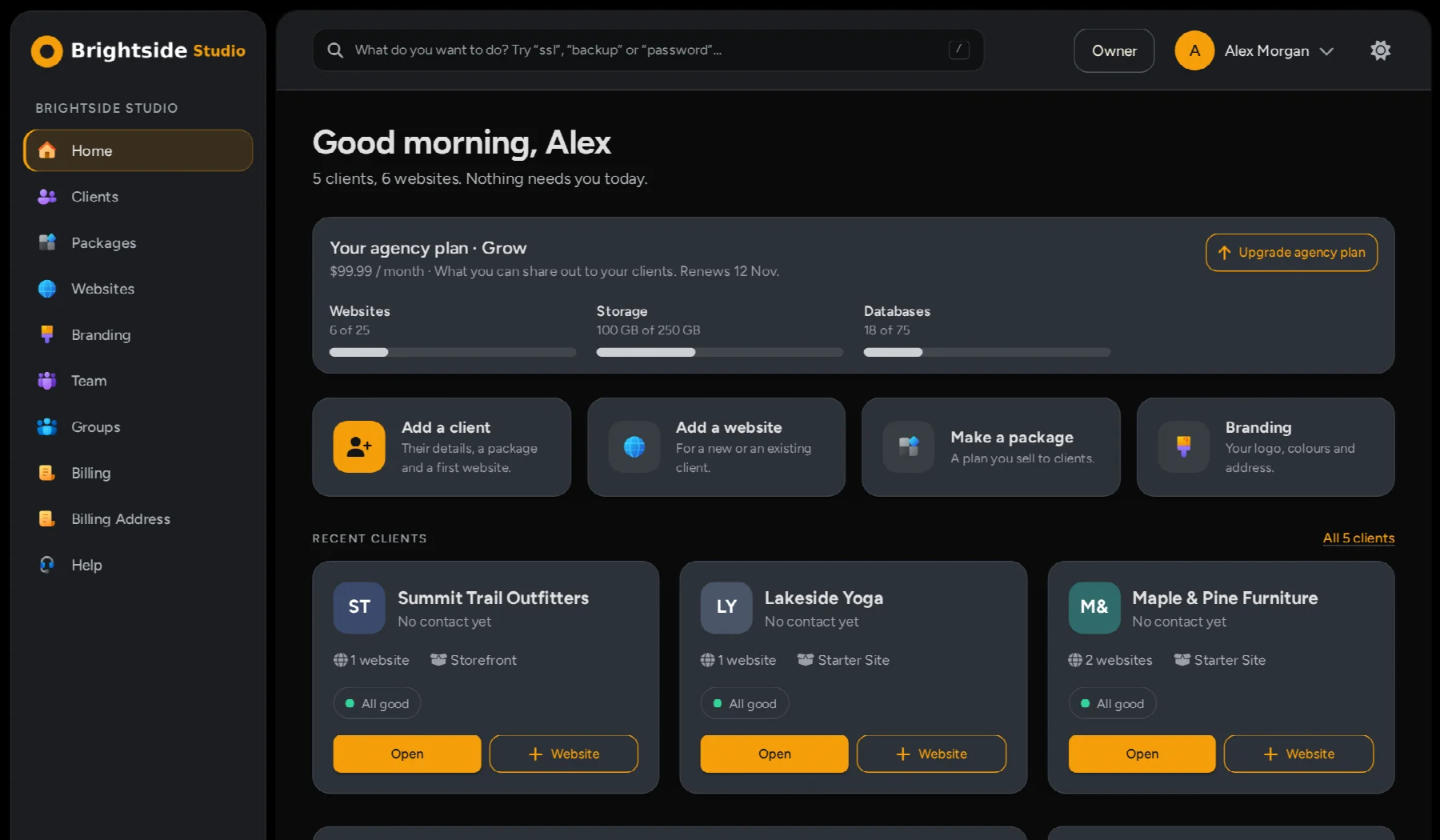 The Ateculus agency dashboard showing active clients, active websites, pooled resource usage, quick actions, and a client list.