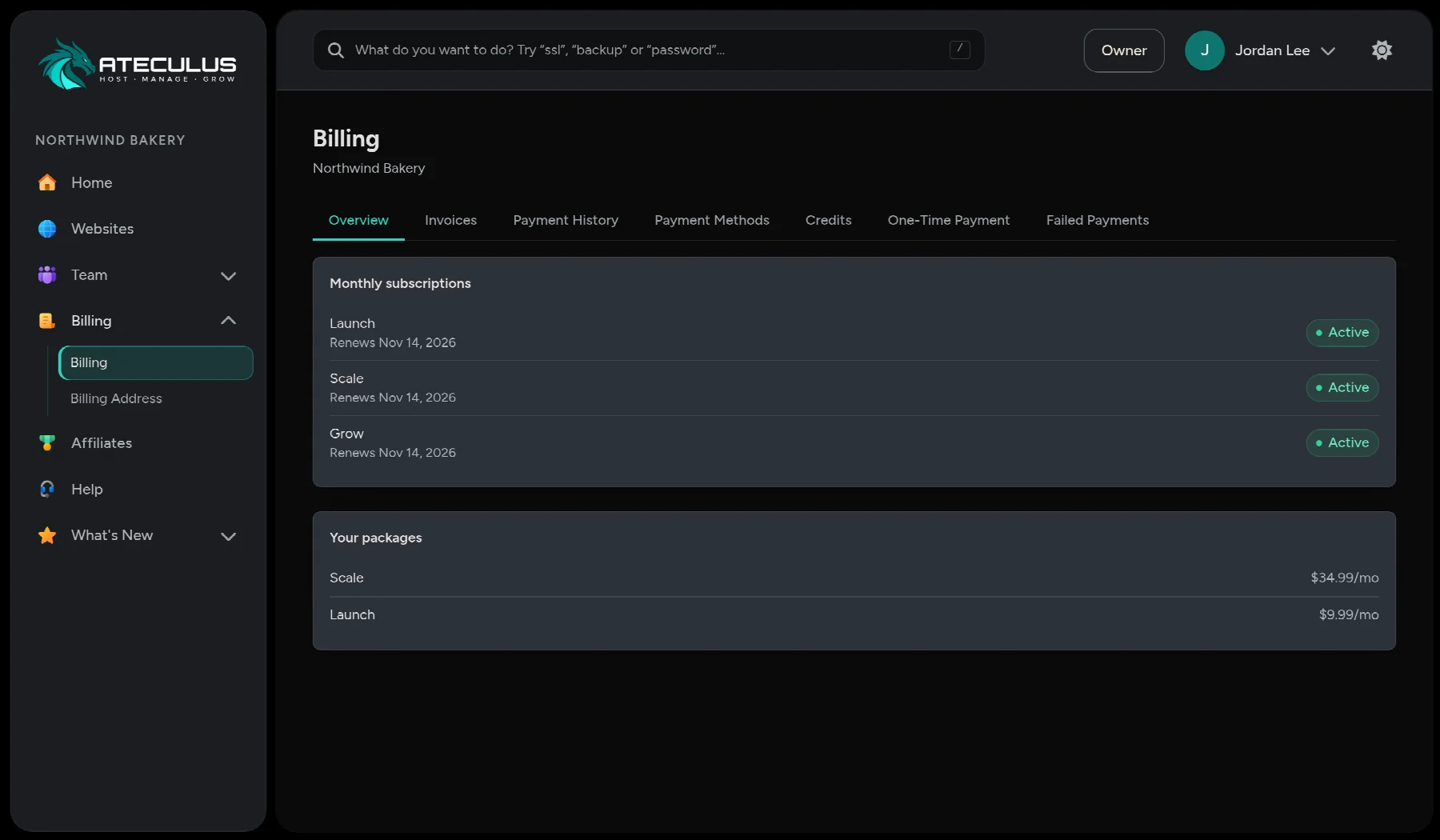The Billing page in the Ateculus control panel showing monthly subscriptions, with tabs for invoices, payment history, and payment methods.