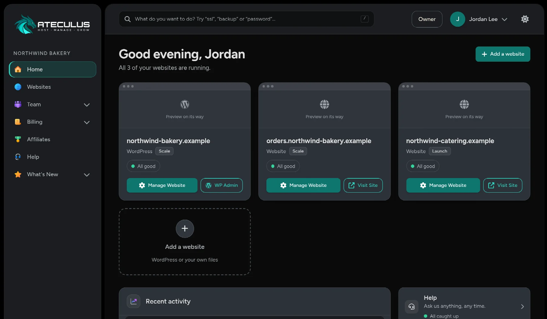The Ateculus control panel dashboard showing three websites with their storage and bandwidth usage, backup, SSL, and PHP status.