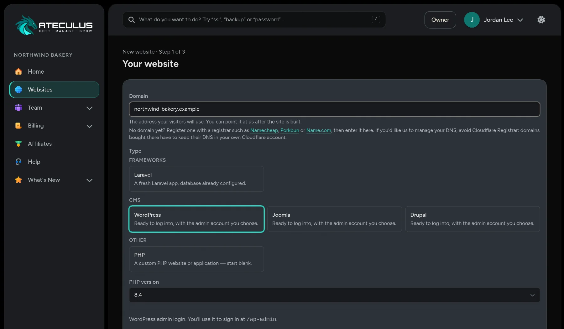 The new website form in the Ateculus control panel with WordPress selected, alongside Laravel, Joomla, Drupal, and PHP.