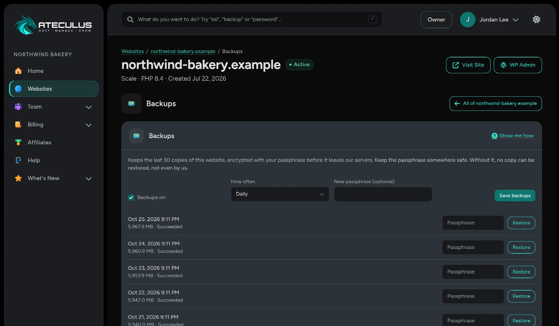 The Backups tab for a website: backup frequency, passphrase, and a list of completed backup copies with restore buttons.