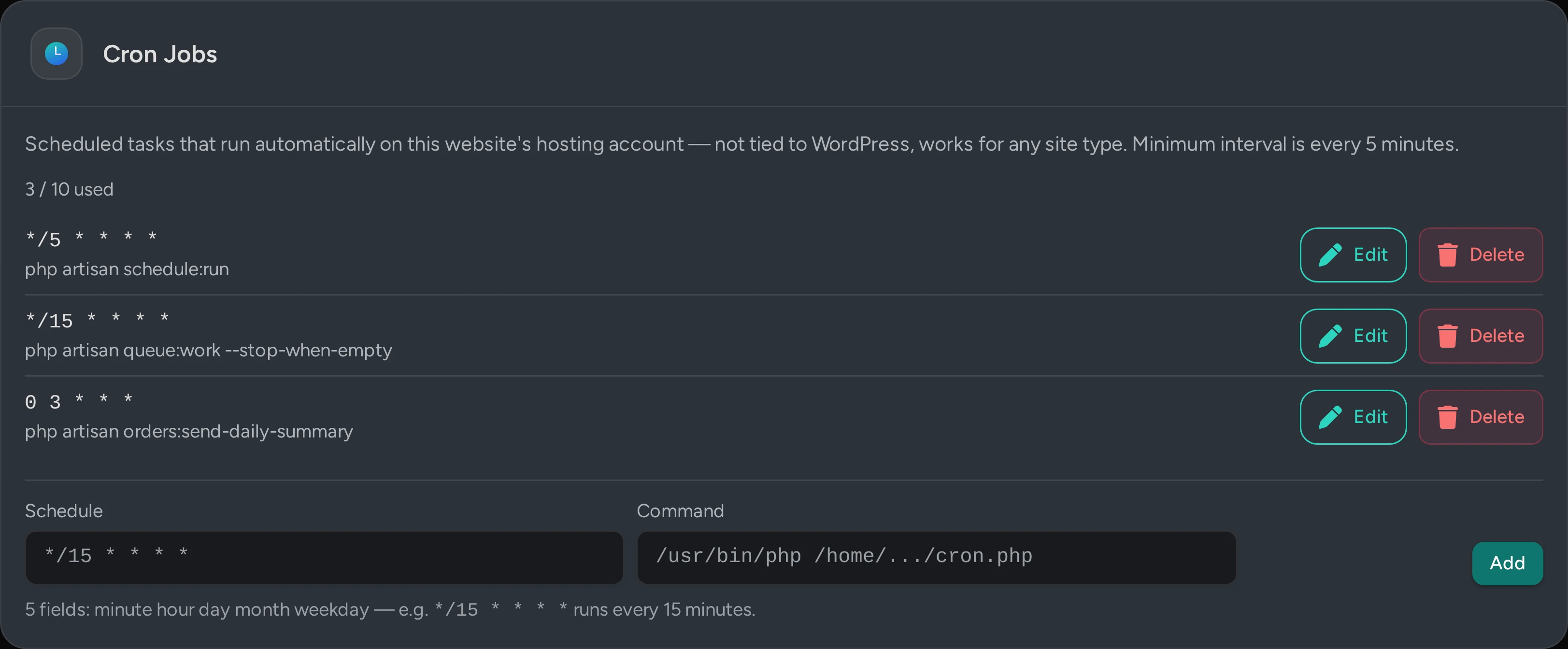 Cron Jobs in the Ateculus control panel: php artisan schedule:run every 5 minutes, a queue worker every 15 minutes and a daily task at 3 AM.
