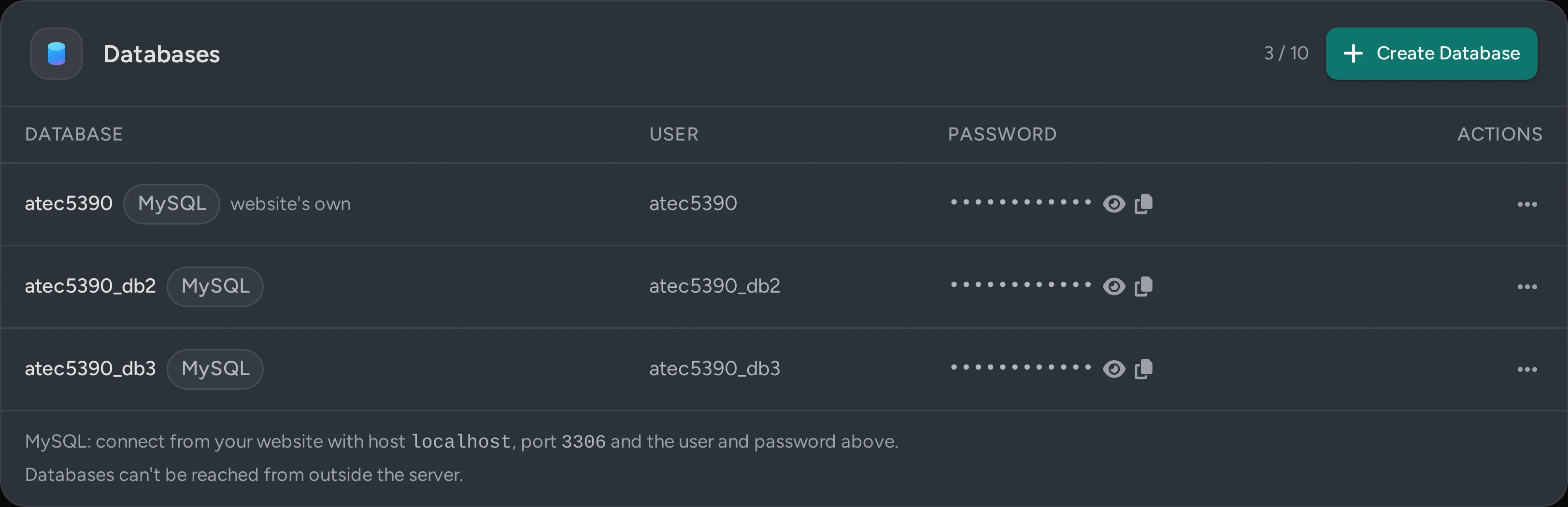 The Databases list in the Ateculus control panel: three MySQL databases for a Laravel website, each with its own user and password.