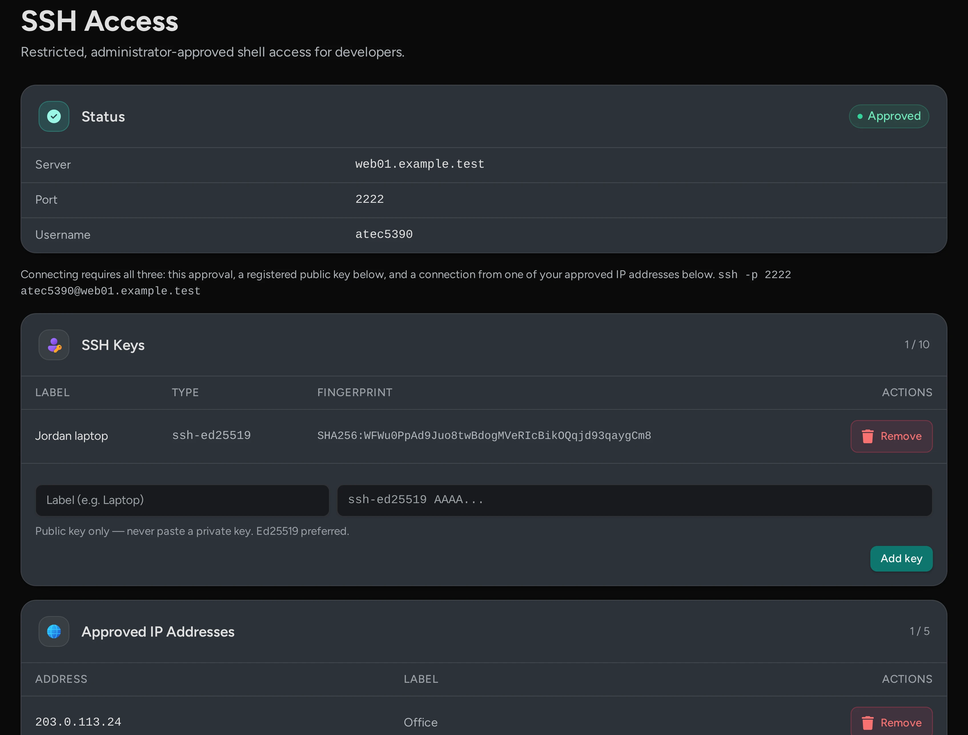 The SSH Access page in the Ateculus control panel: access approved, the server, port and username, a registered SSH key and an approved IP address.