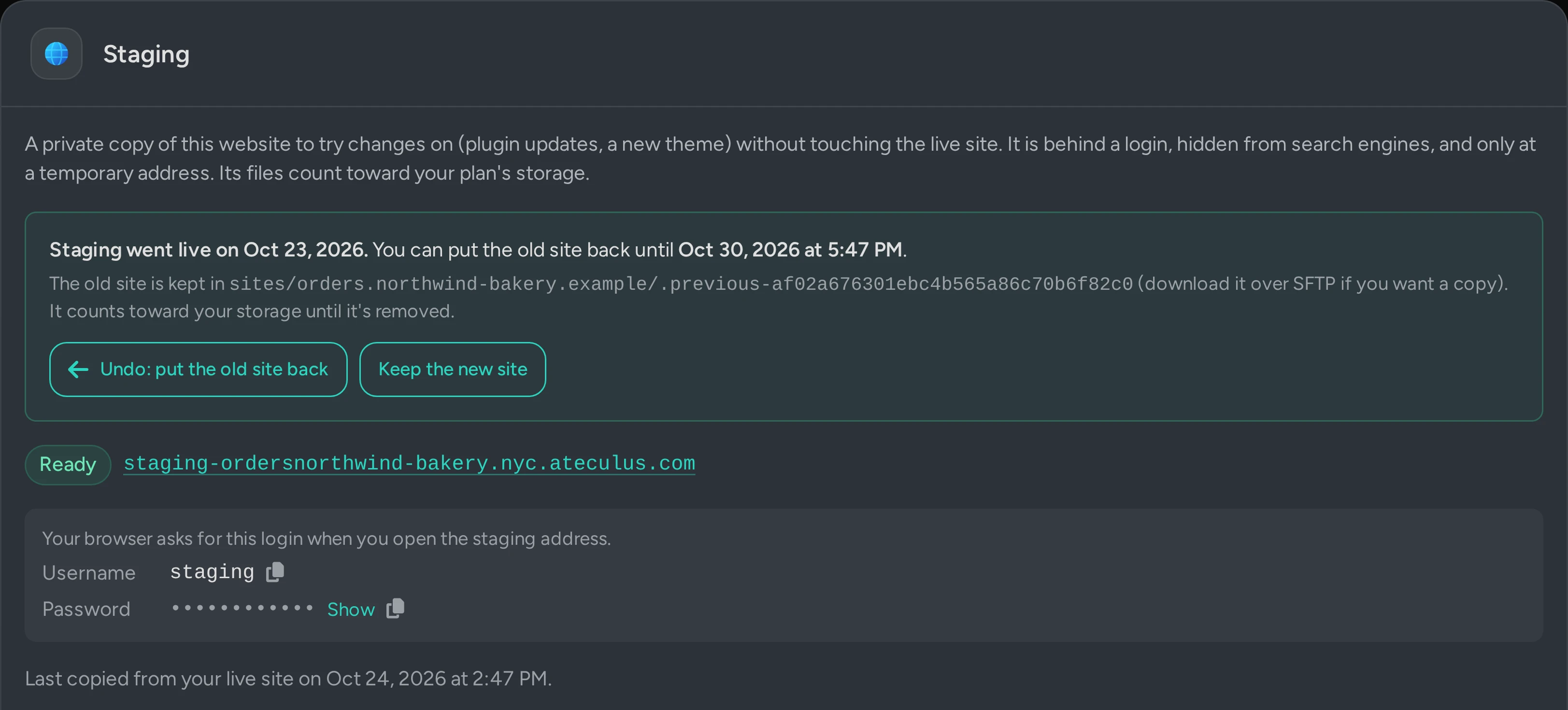 A ready staging copy in the Ateculus control panel, with its private address, its login, and the option to put the old site back after going live.