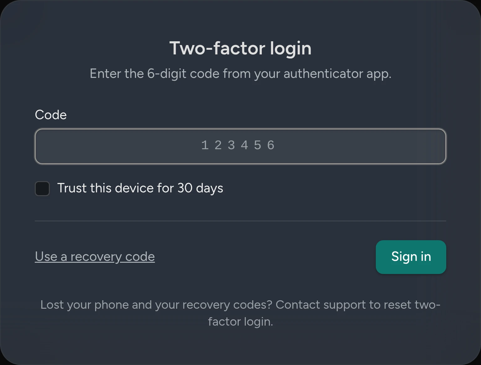 The Two-factor login step when signing in: a box for the 6-digit code, Trust this device for 30 days, and Use a recovery code.