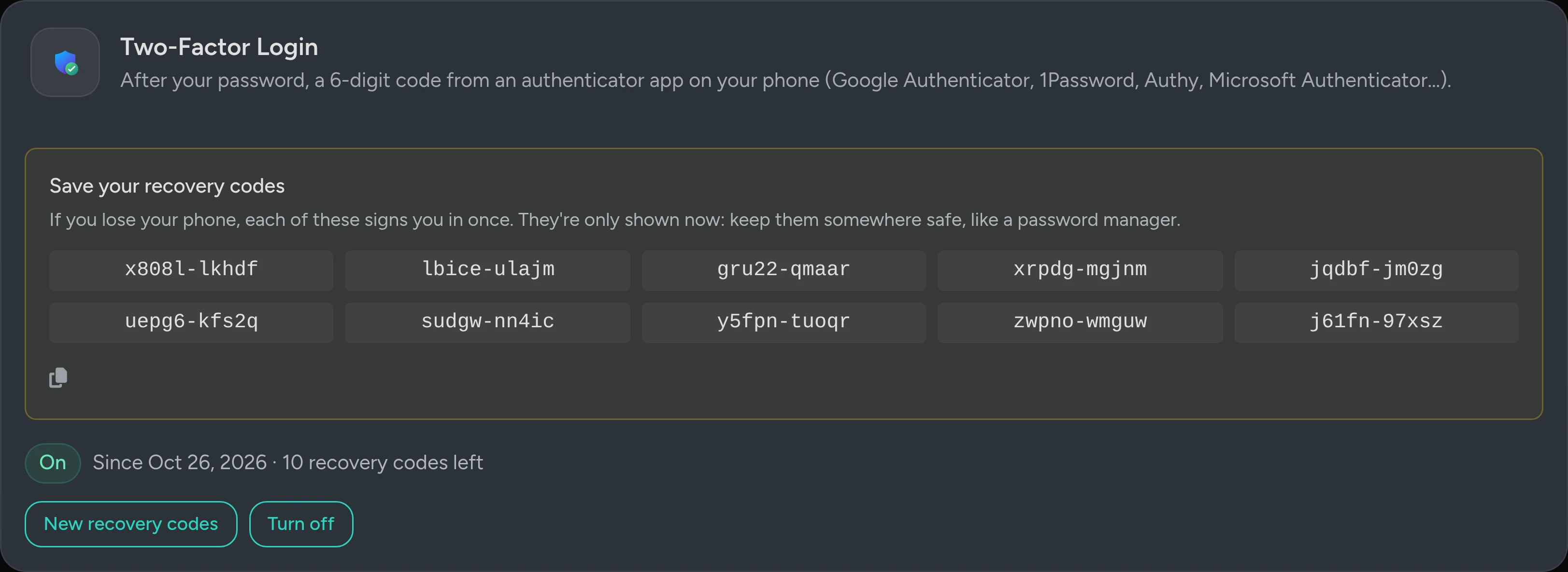 Two-factor login turned on, with the list of recovery codes and a Copy all button.
