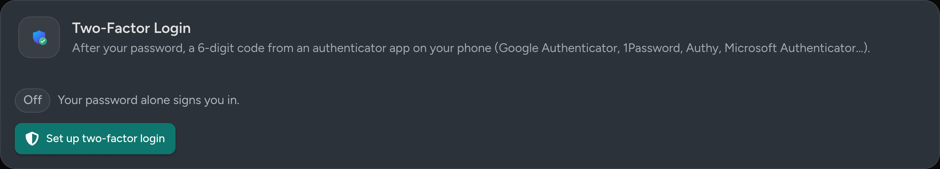 The Two-Factor Login card on the My Account page, showing Off and the Set up two-factor login button.