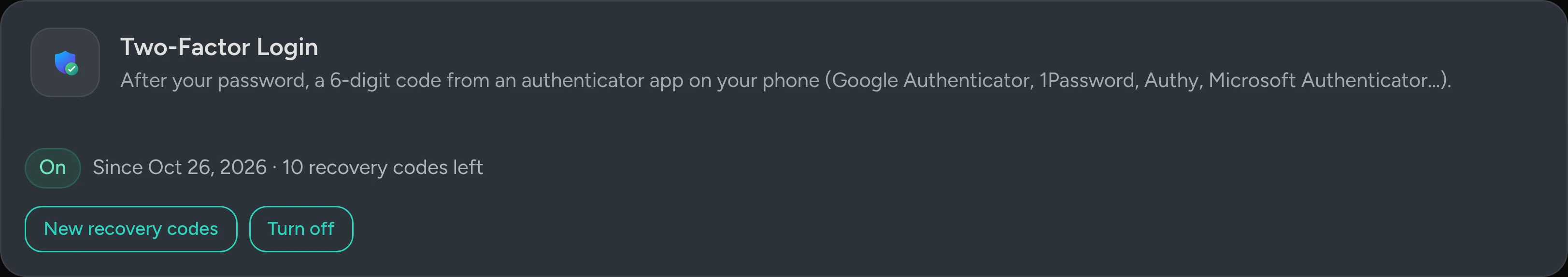 The Two-Factor Login card when it is on, with the number of recovery codes left, New recovery codes and Turn off.