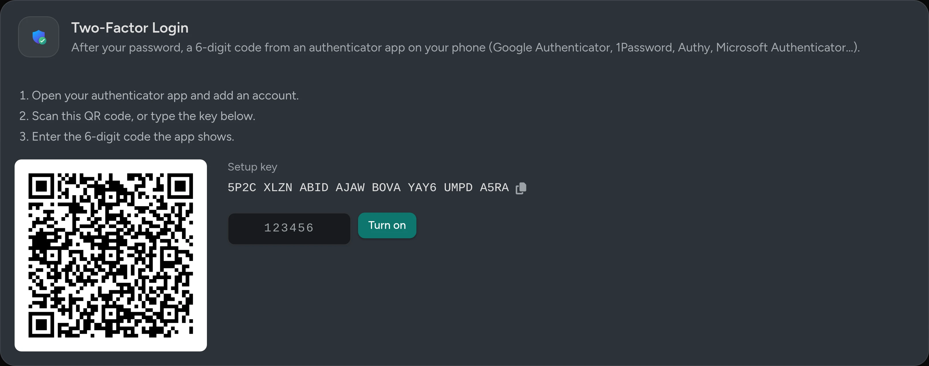 Setting up two-factor login: a QR code, the setup key, and a box for the 6-digit code with a Turn on button.