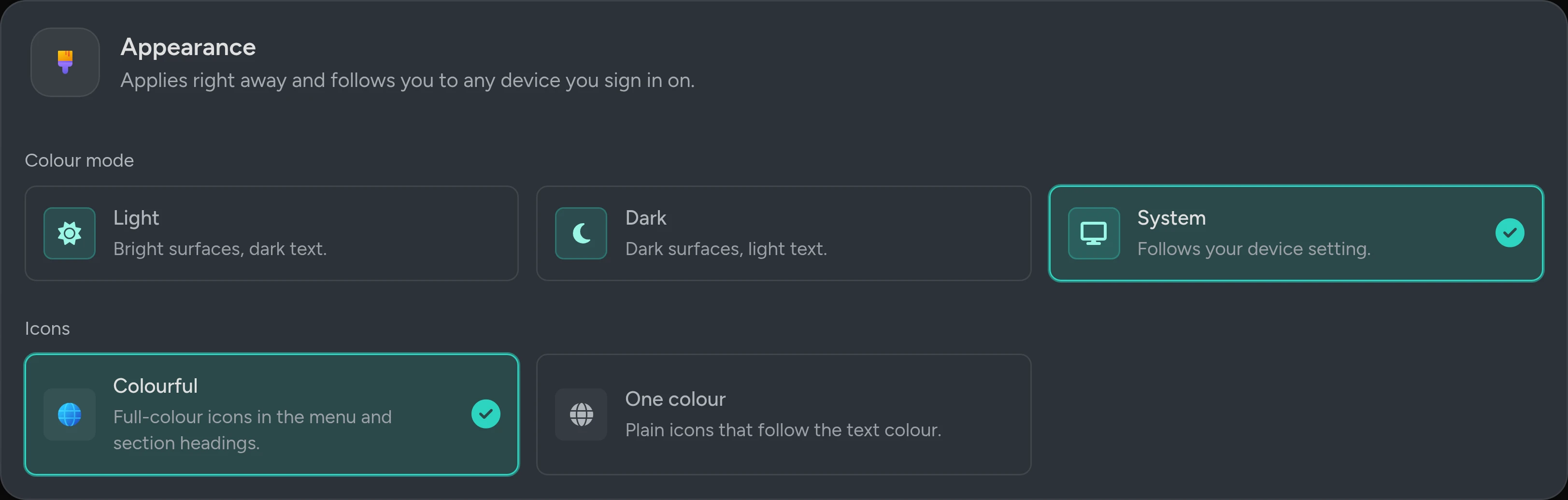 The Appearance card: colour mode Light, Dark or System, and icon style.