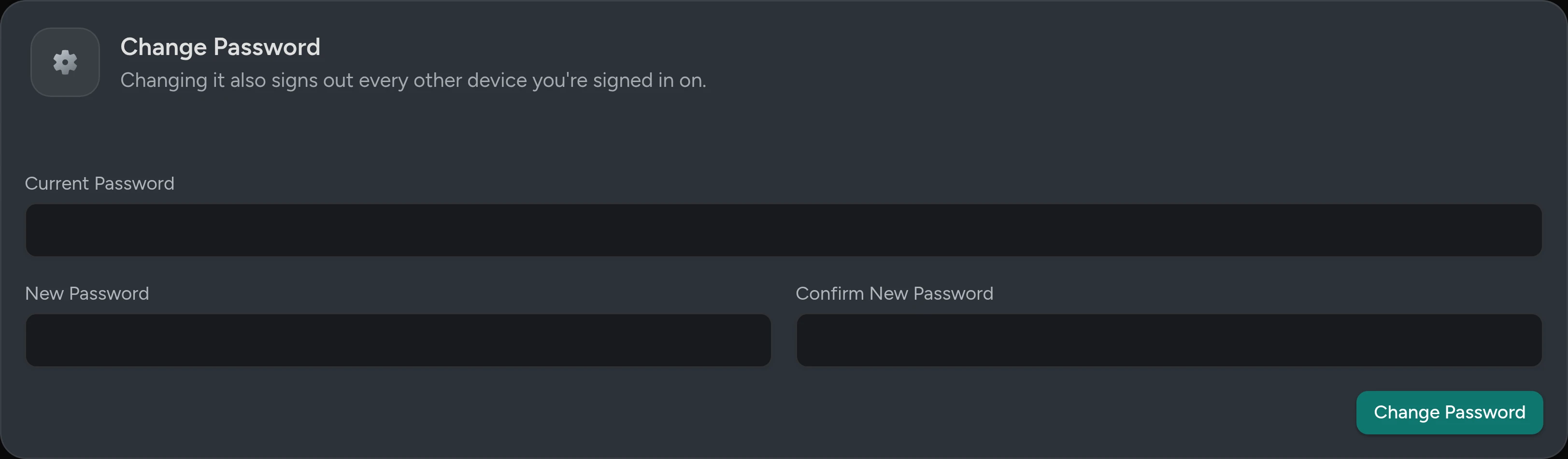 The Change Password card on the My Account page, with Current Password, New Password and Confirm New Password.