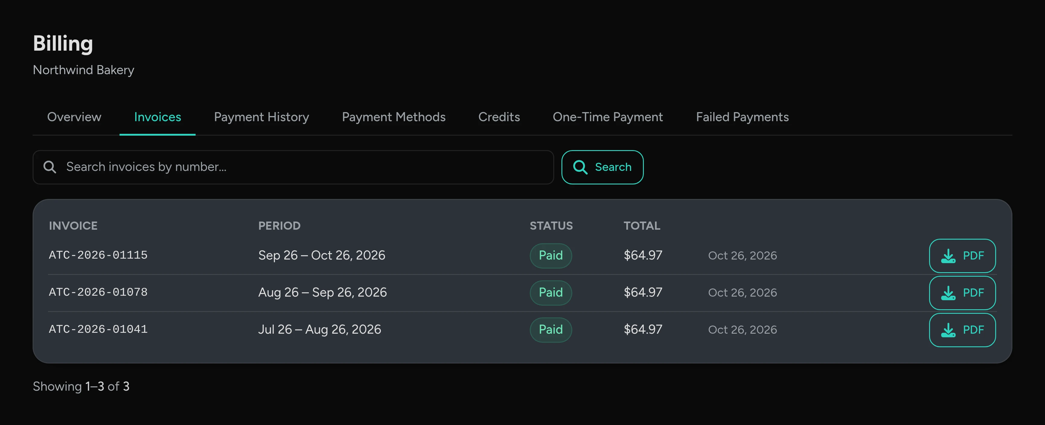 The Invoices tab: three paid invoices with their periods and totals, each with a PDF button.