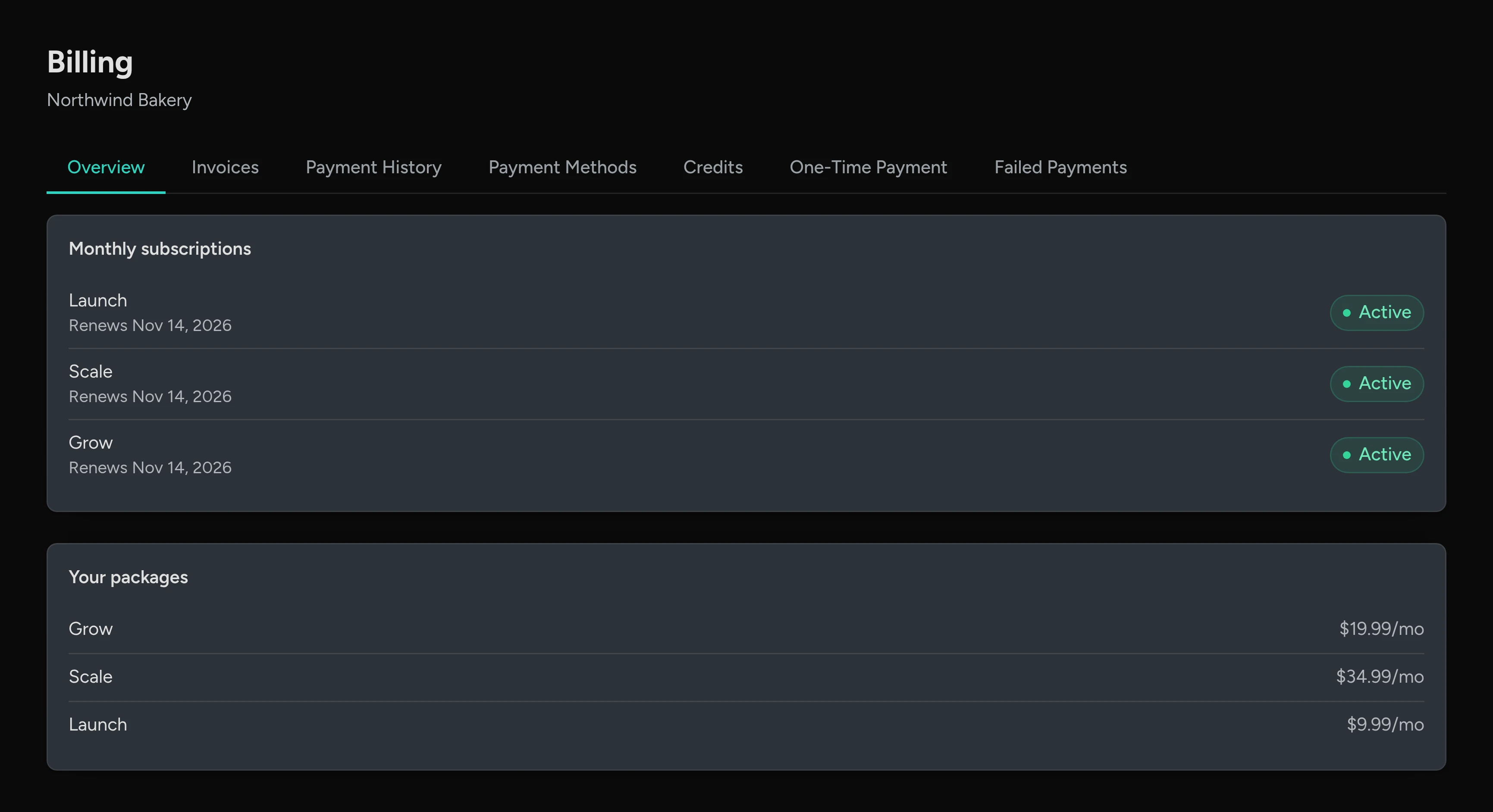 The Billing overview: monthly subscriptions with their renewal dates, and your packages with prices.