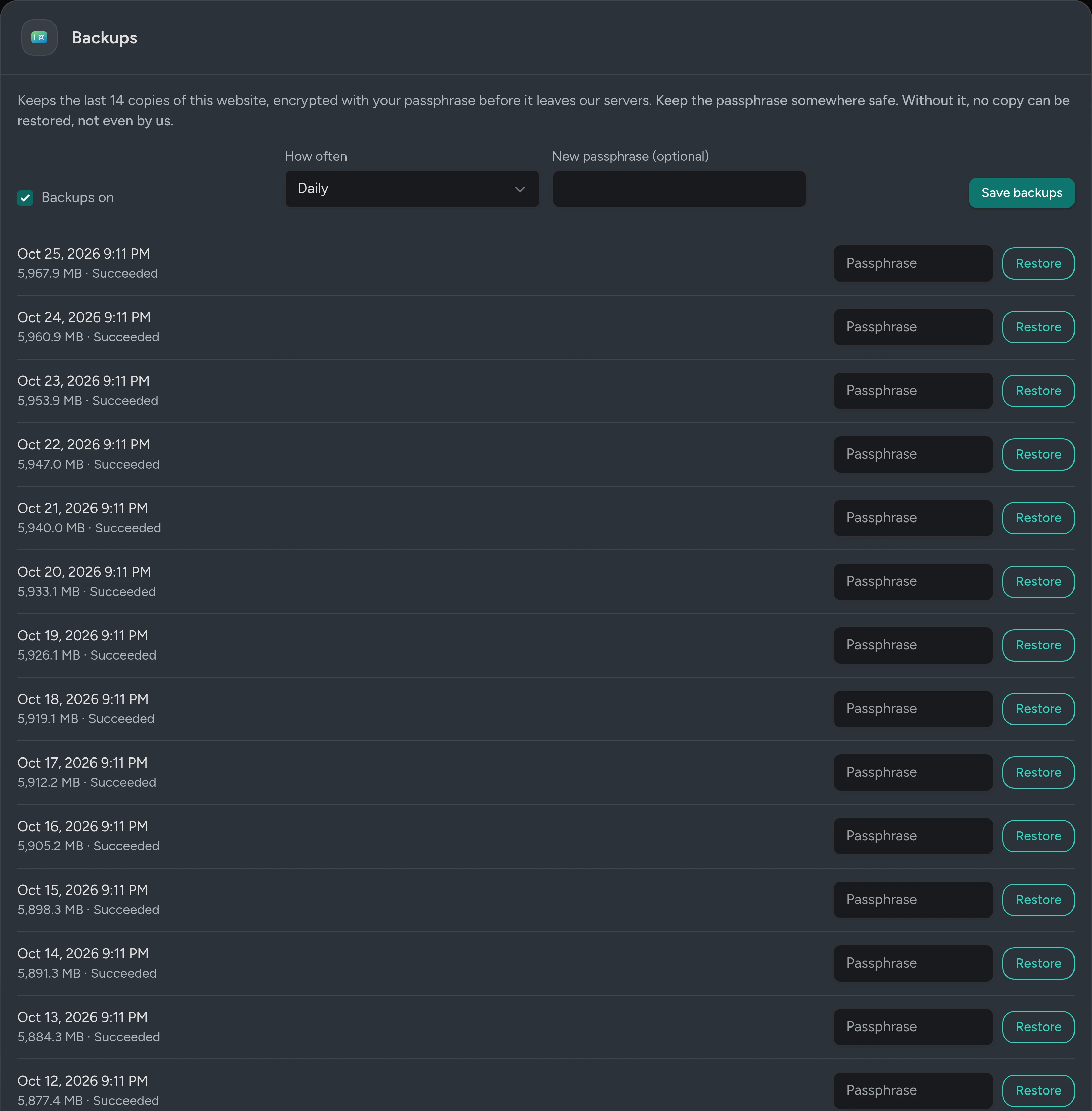 The Backups card: Backups on, Daily, a passphrase box, Save backups, and the list of copies with their dates and sizes.