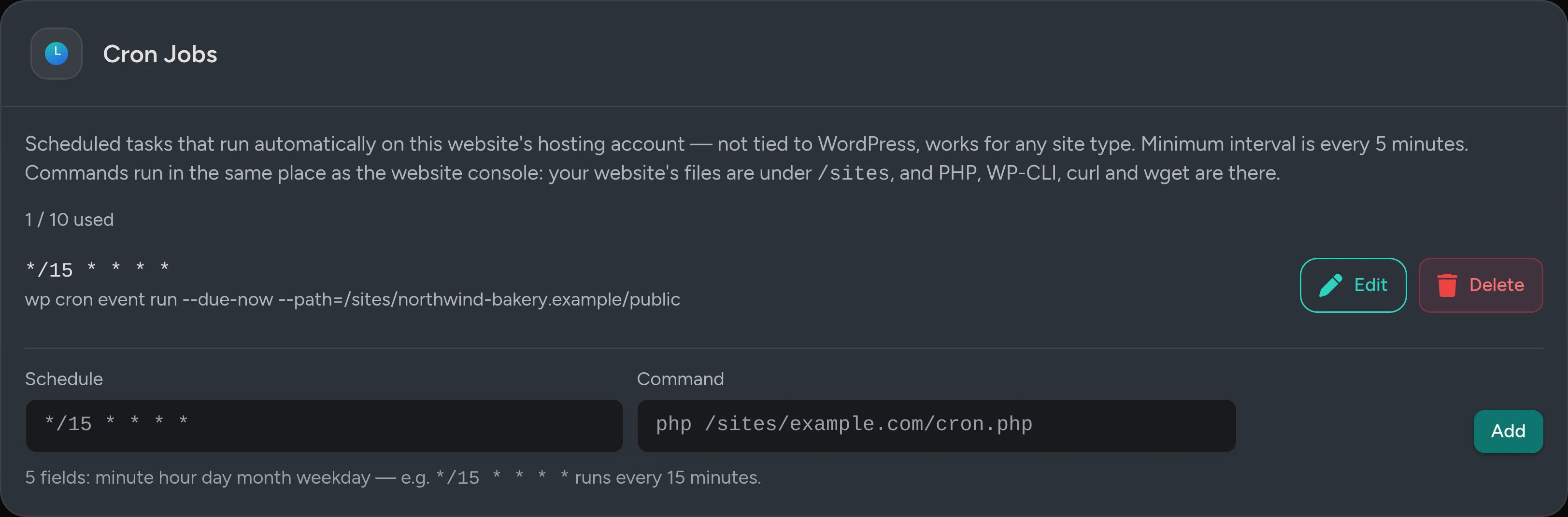 The Cron Jobs card: one job every 15 minutes running wp cron, and the Schedule and Command boxes with Add.