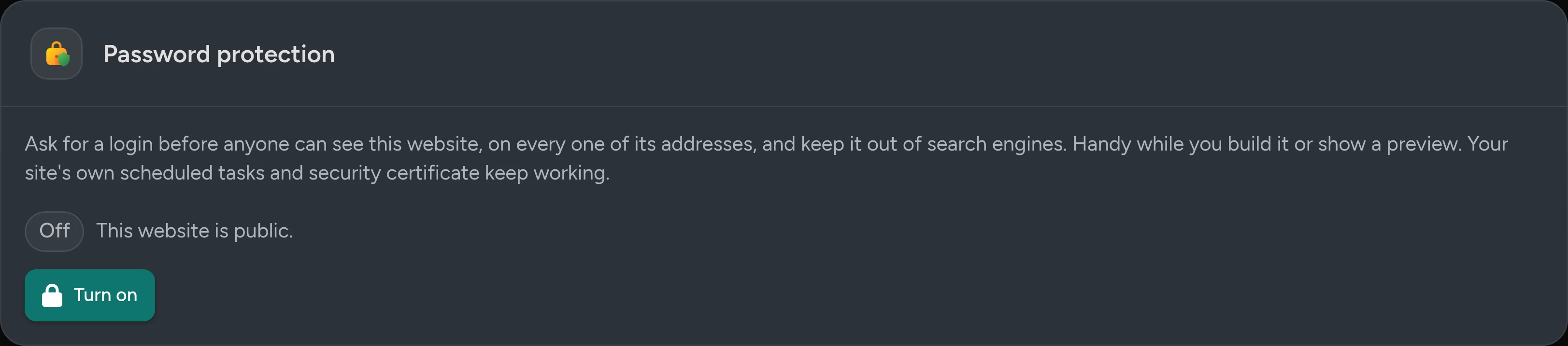 The Password protection card while it is off: This website is public, with a Turn on button.