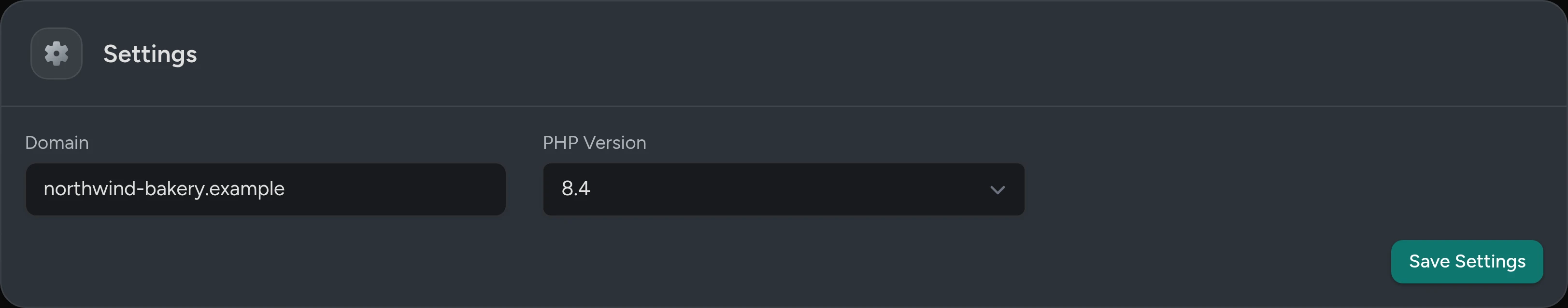 The Settings card with the PHP Version choice and Save Settings.