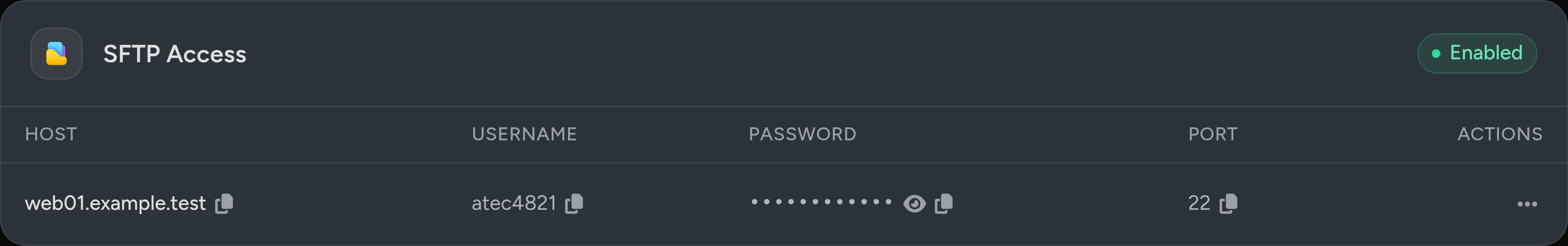 The SFTP Access card: host, username, a hidden password with show and copy buttons, and port 22.