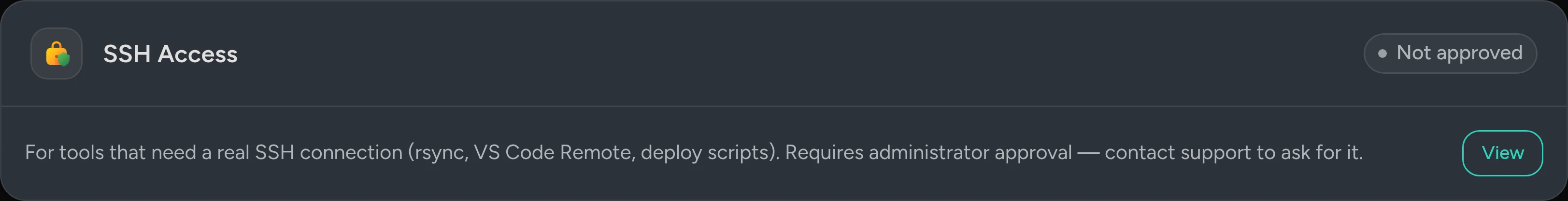 The SSH Access card showing Not approved, with a View button.