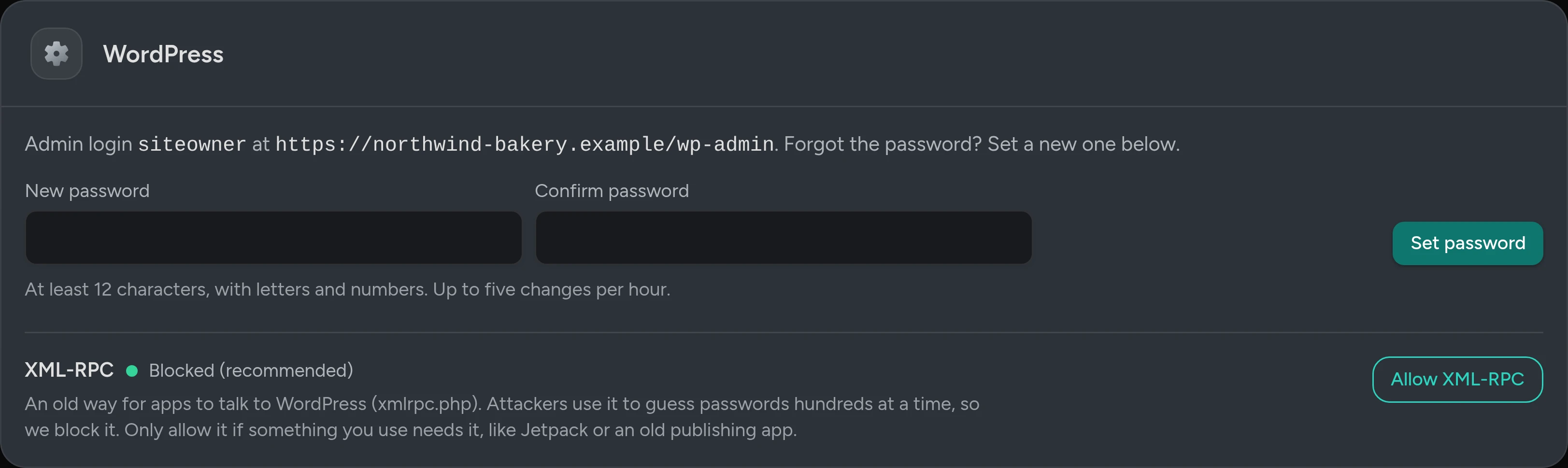 The WordPress card: the admin login and address, and boxes to set a new admin password.