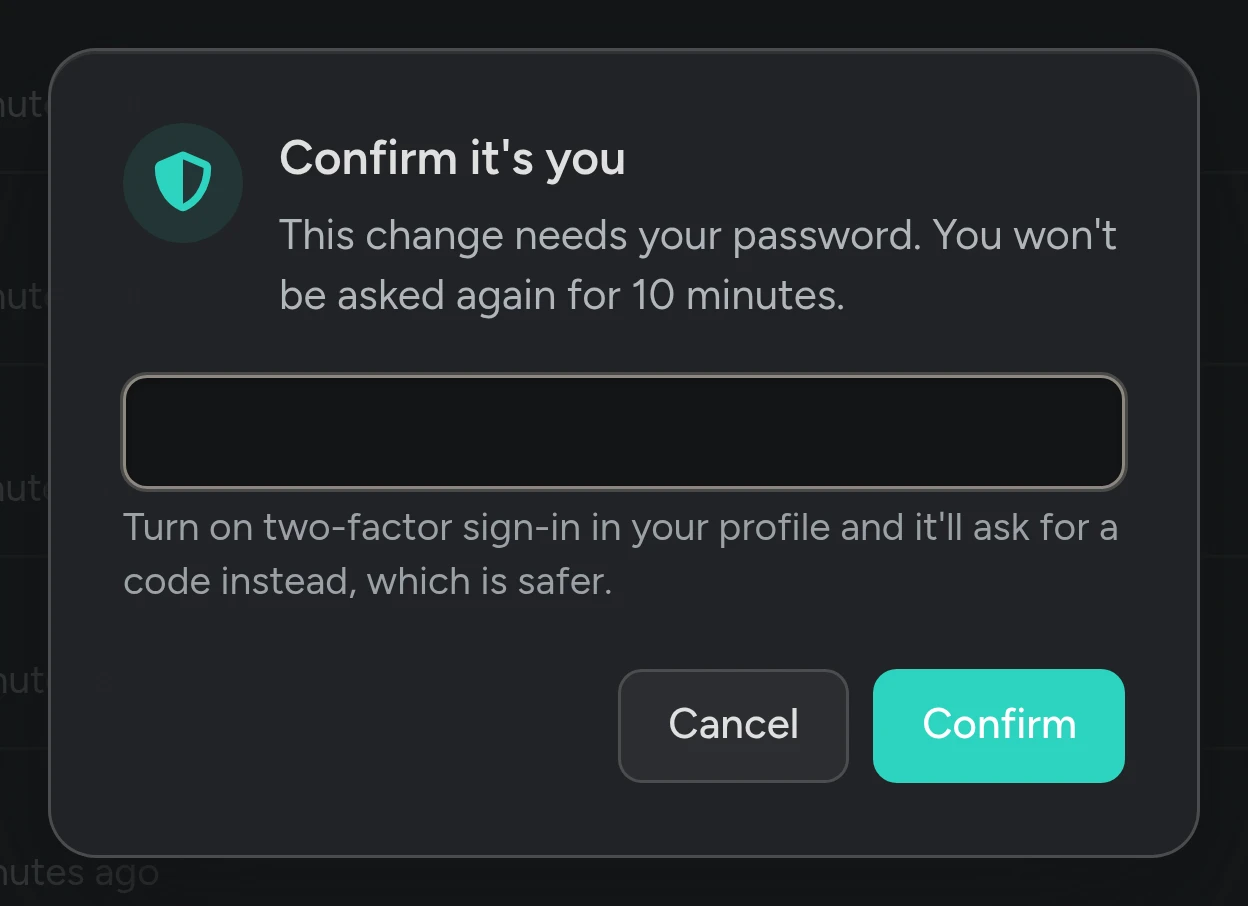 The Confirm it’s you window, asking for your password before a security change.