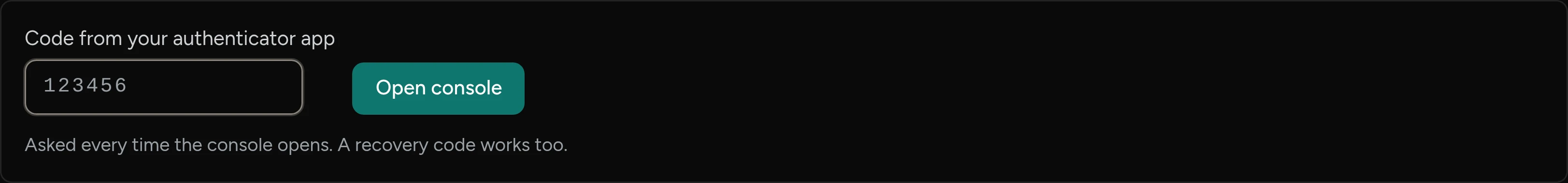 The website console asking for the code from your authenticator app, with an Open console button.