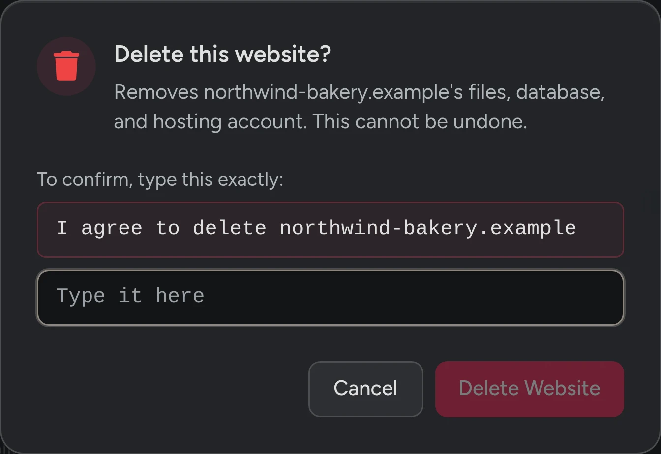 The Delete this website window: type I agree to delete northwind-bakery.example to confirm, then Delete Website.
