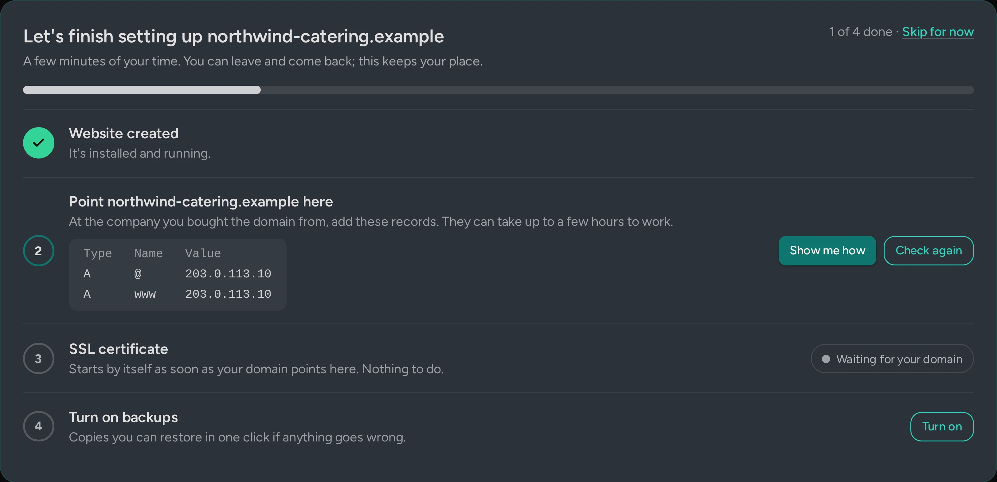 A new website in the Ateculus control panel: the setup step "Point northwind-catering.example here" lists two A records, @ and www, with the server IP address.