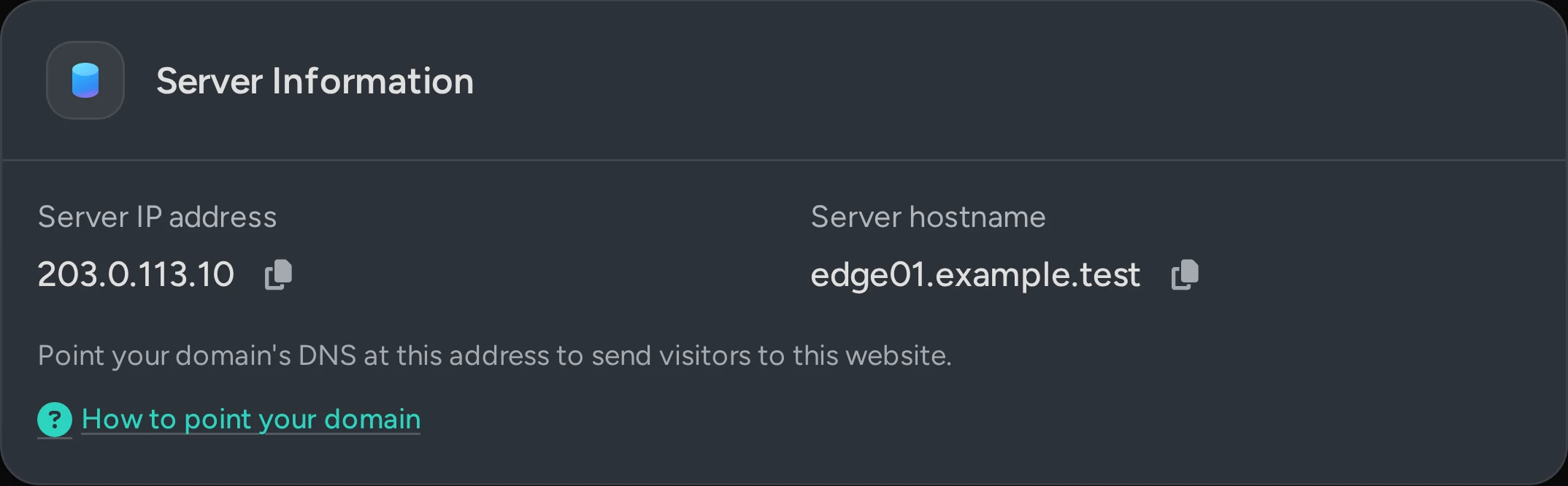 The Server Information card in the Ateculus control panel, showing the server IP address and hostname.