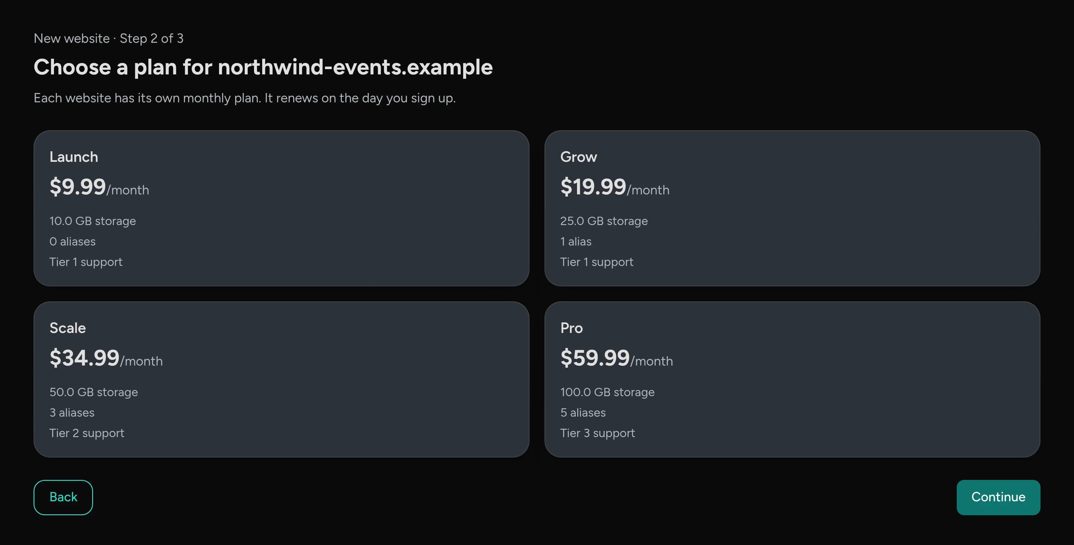 Step 2 of 3: choose a plan, Launch, Grow, Scale or Pro, with each plan’s price, storage and support.