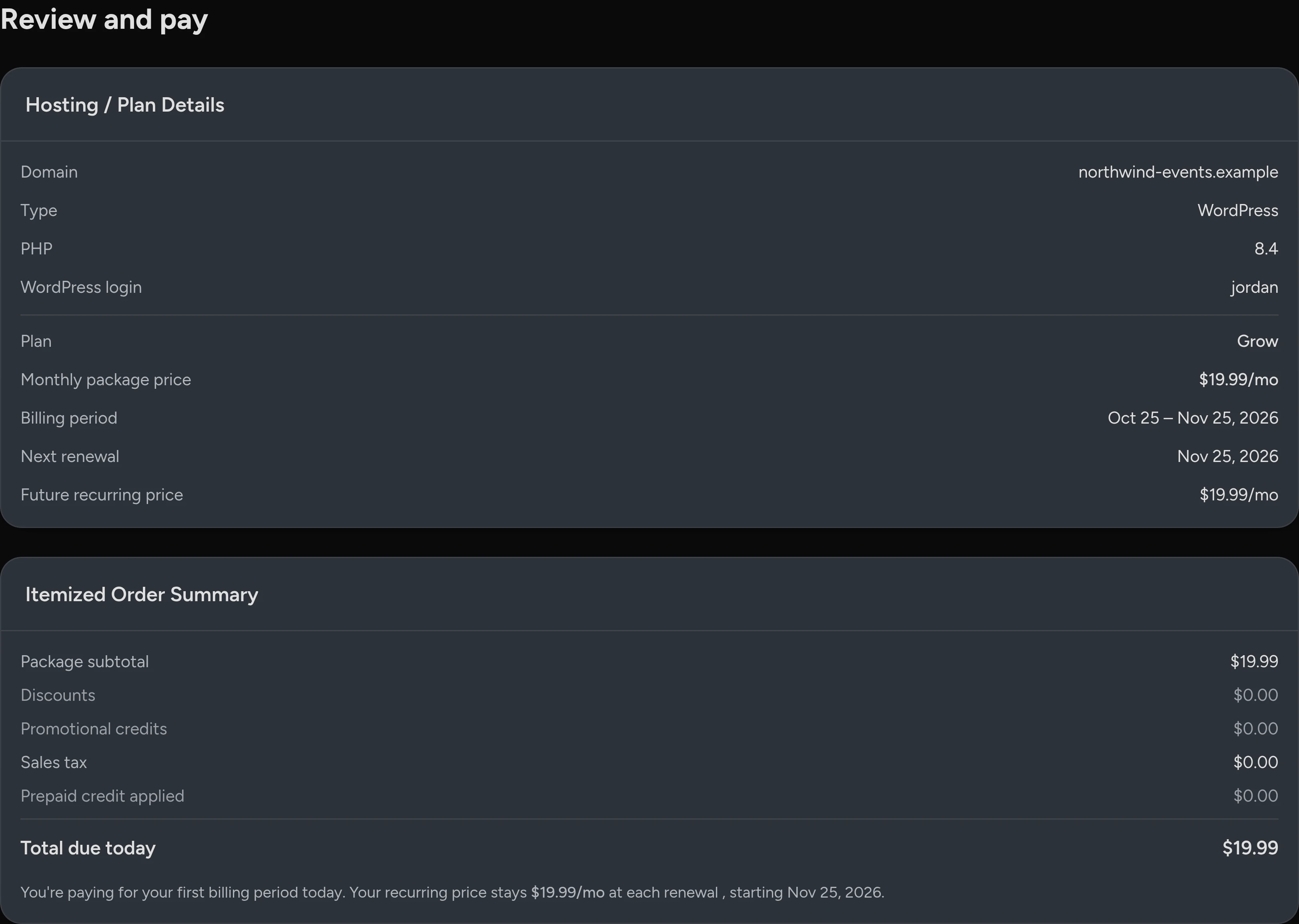 Step 3 of 3: the order review, with the website details, the plan and the total due today.
