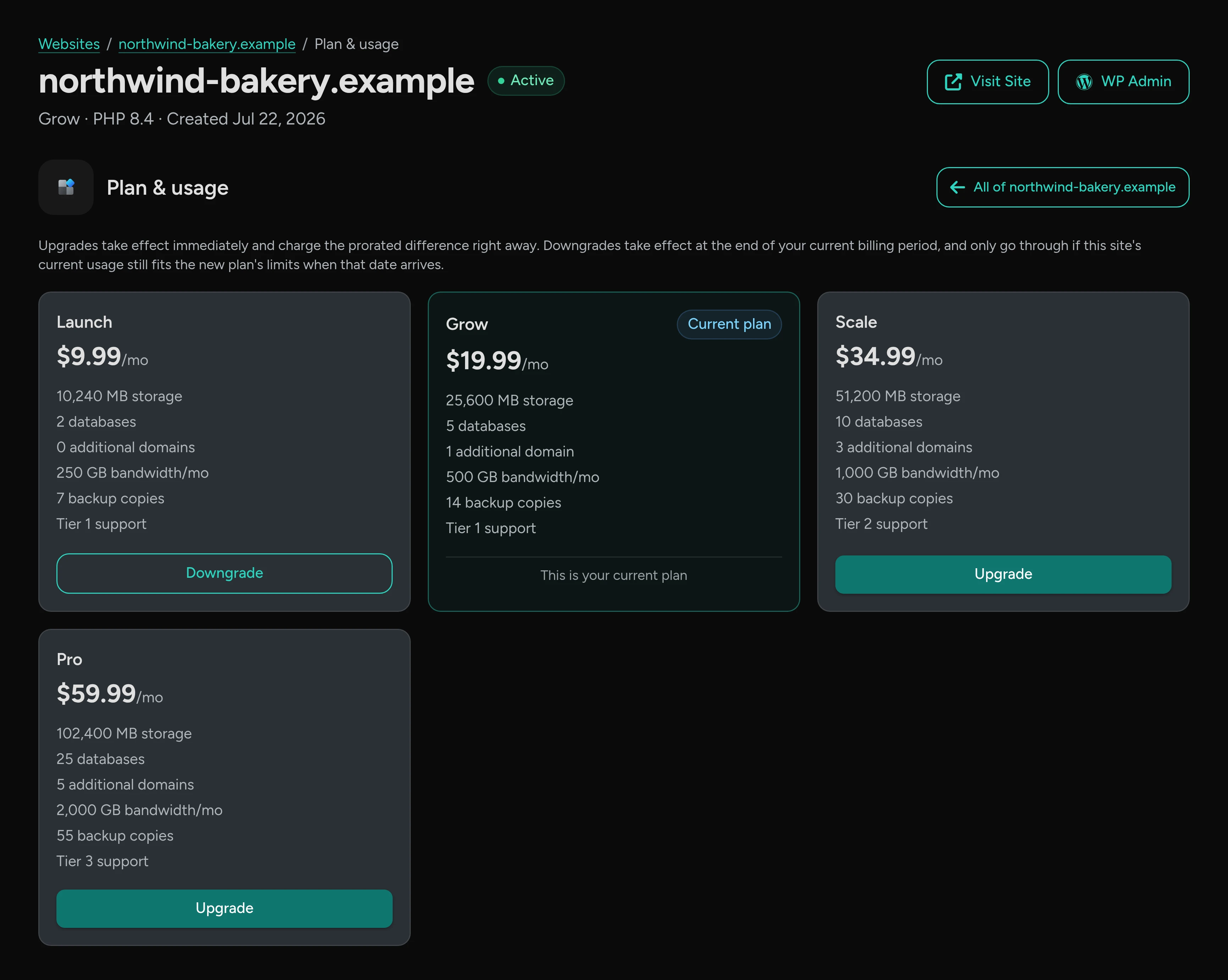 The plan page for a website: Launch, Grow (current plan), Scale and Pro with their storage, databases, domains, bandwidth, backups and support.
