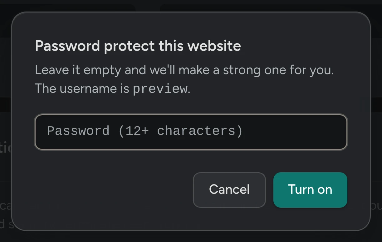 The Password protect this website window, with a password box and Turn on.