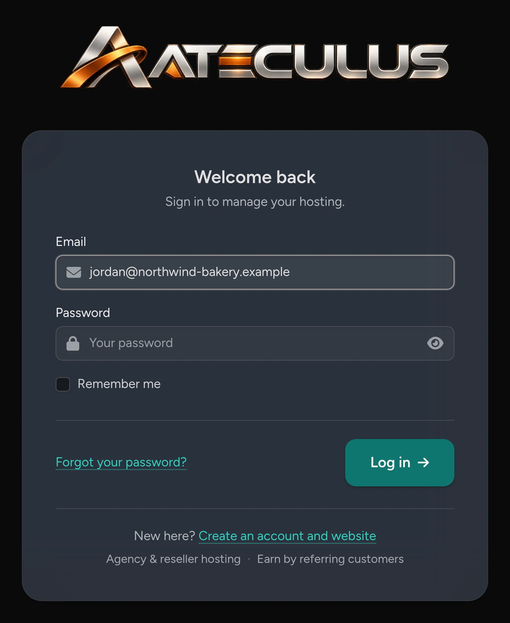 The Ateculus control panel sign-in page with the Forgot your password? link.