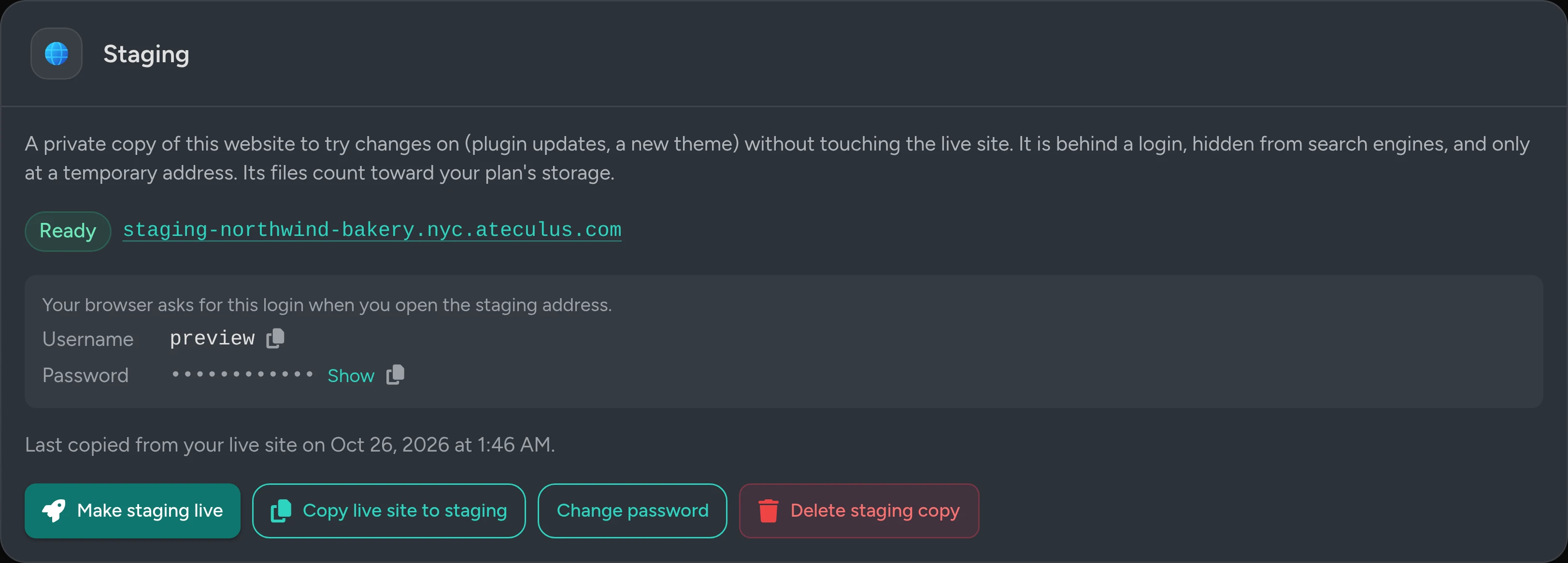 A ready staging copy: its temporary address, the login, when it was last copied, and the buttons Make staging live, Copy live site to staging, Change password and Delete staging copy.