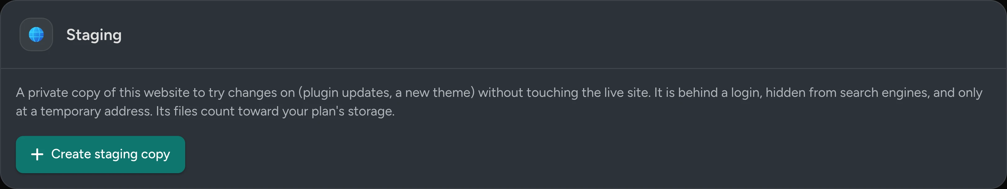 The Staging card before a copy exists, with a Create staging copy button.