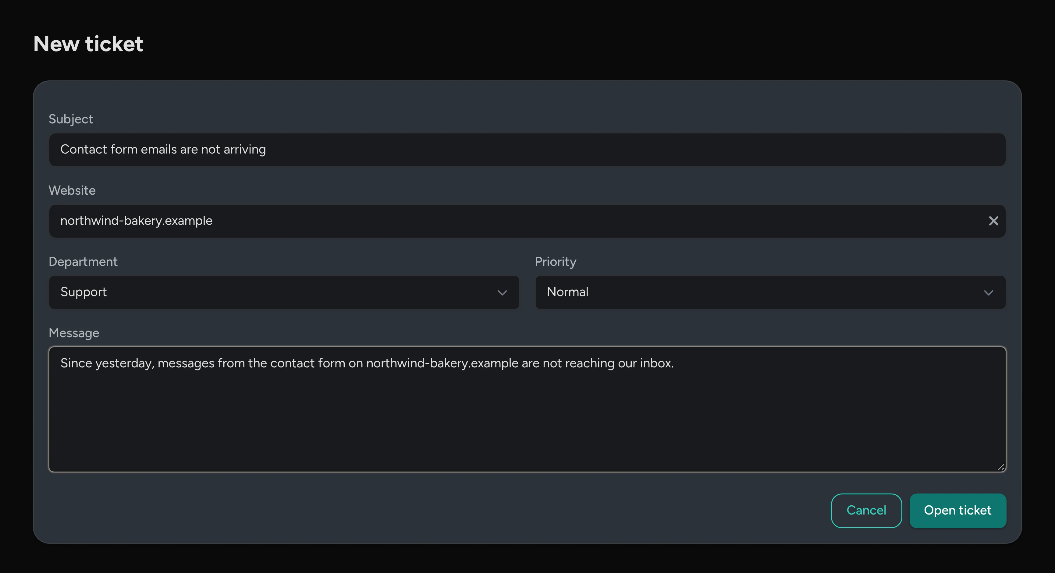 The New ticket form: subject, website, department, priority and message, with Open ticket.