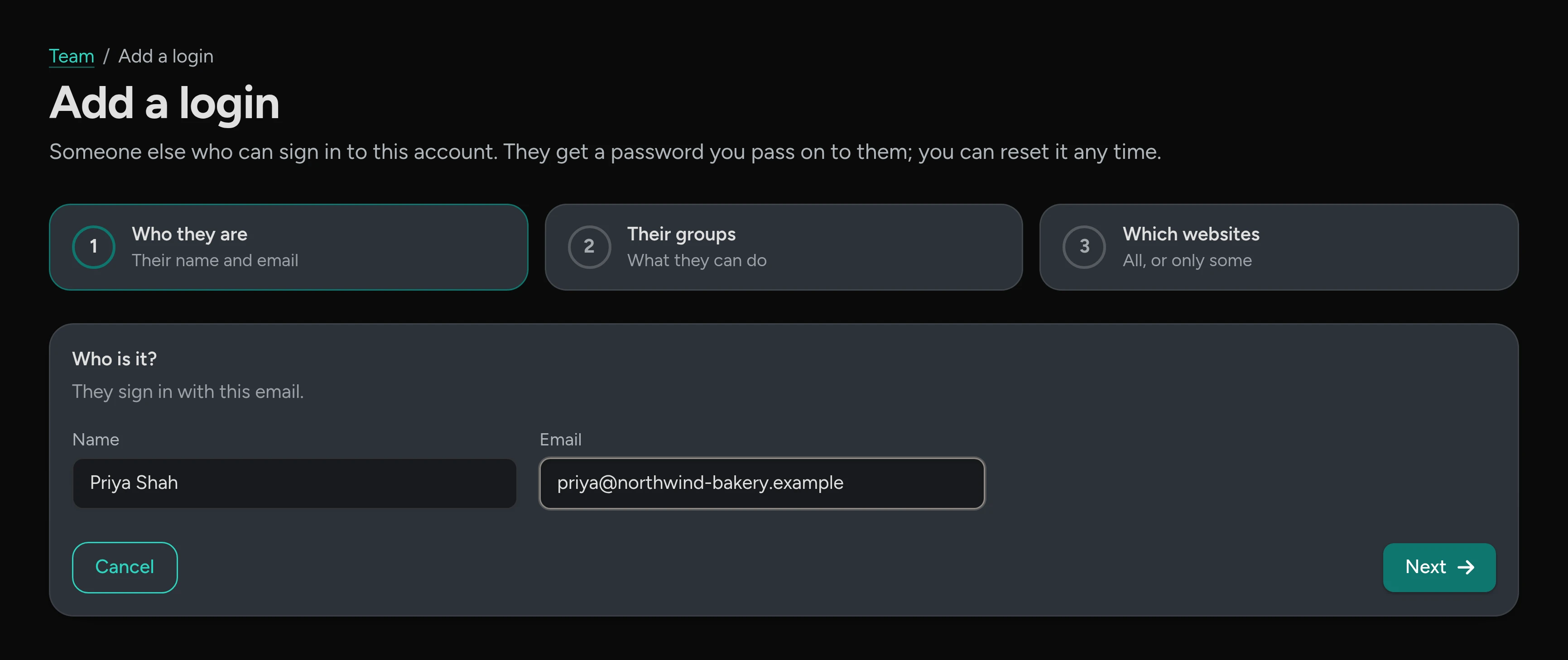 Add a login, step 1: their name and email.