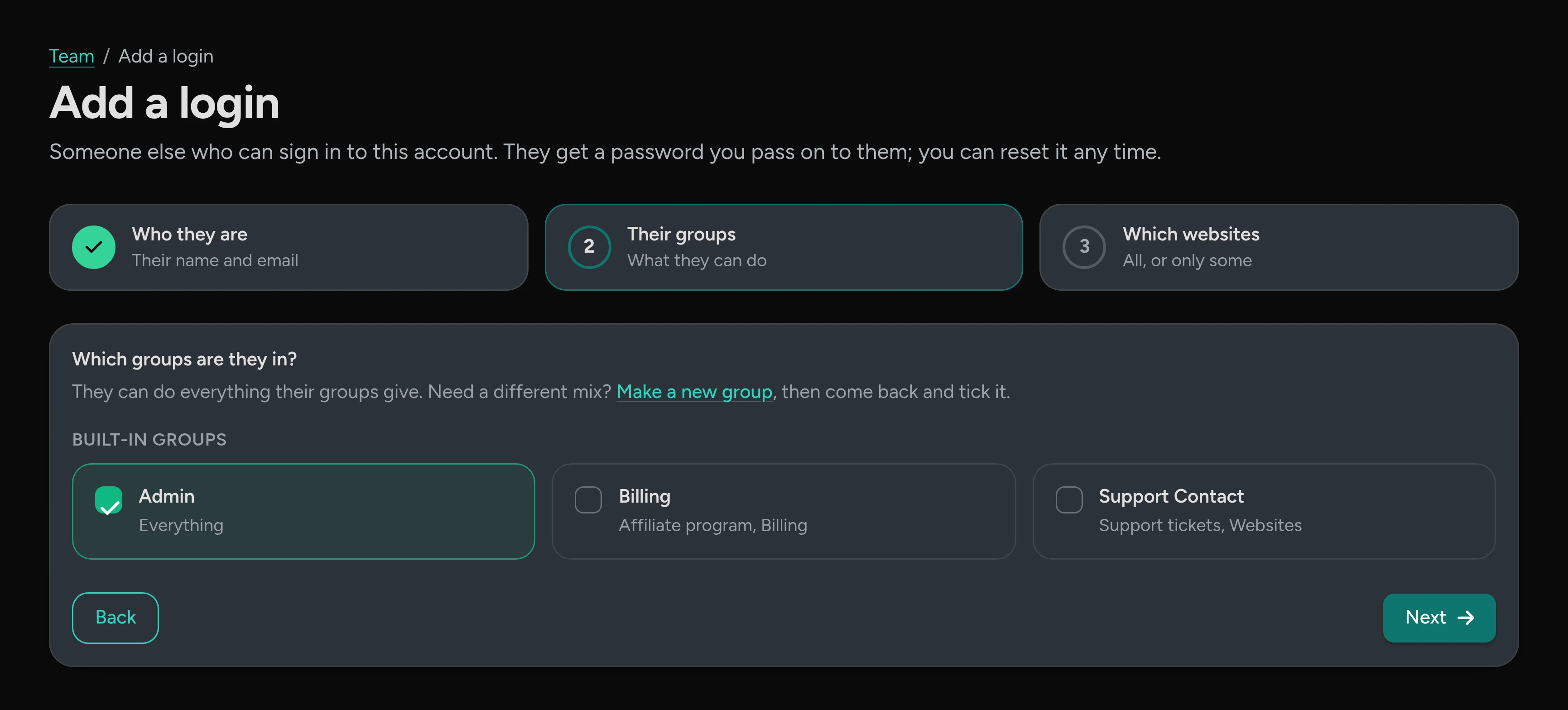 Add a login, step 2: the built-in groups Admin, Billing and Support Contact.