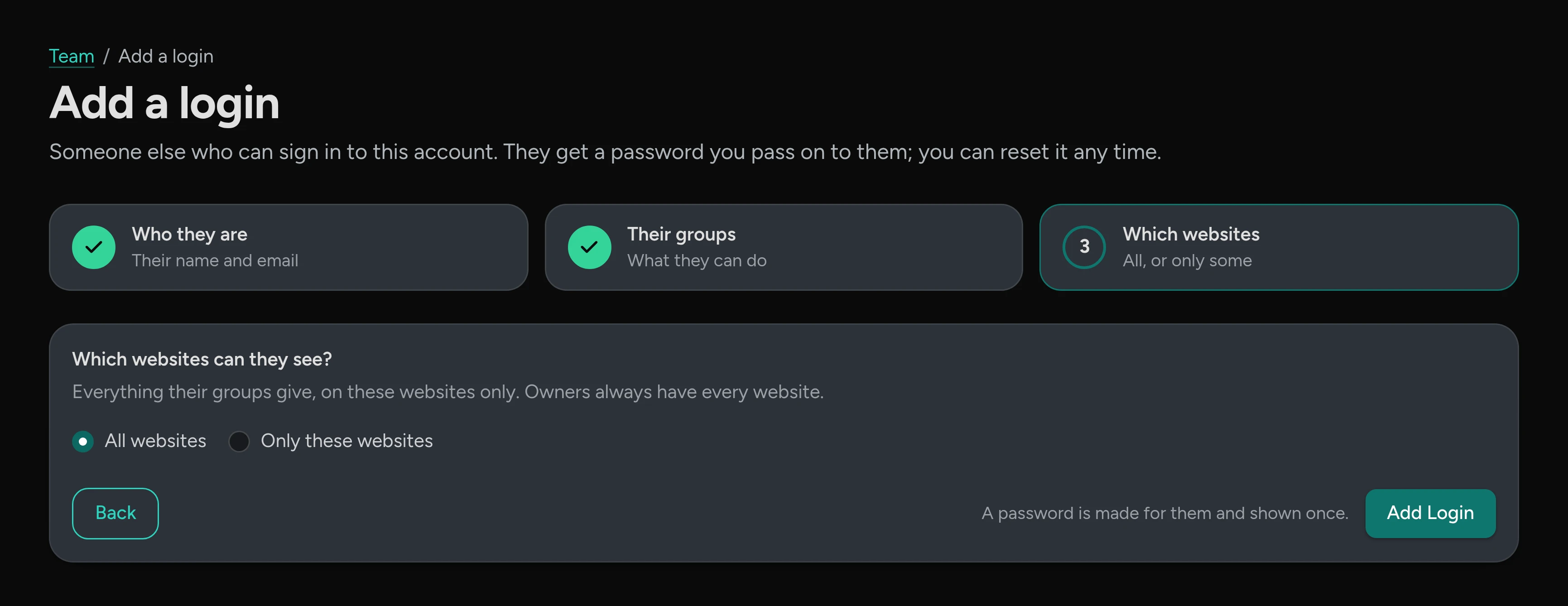 Add a login, step 3: all websites or only some.