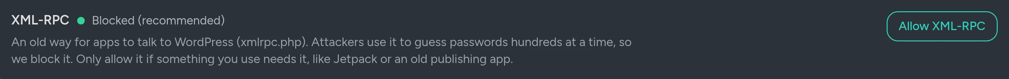 The XML-RPC setting: Blocked (recommended), with an Allow XML-RPC button.