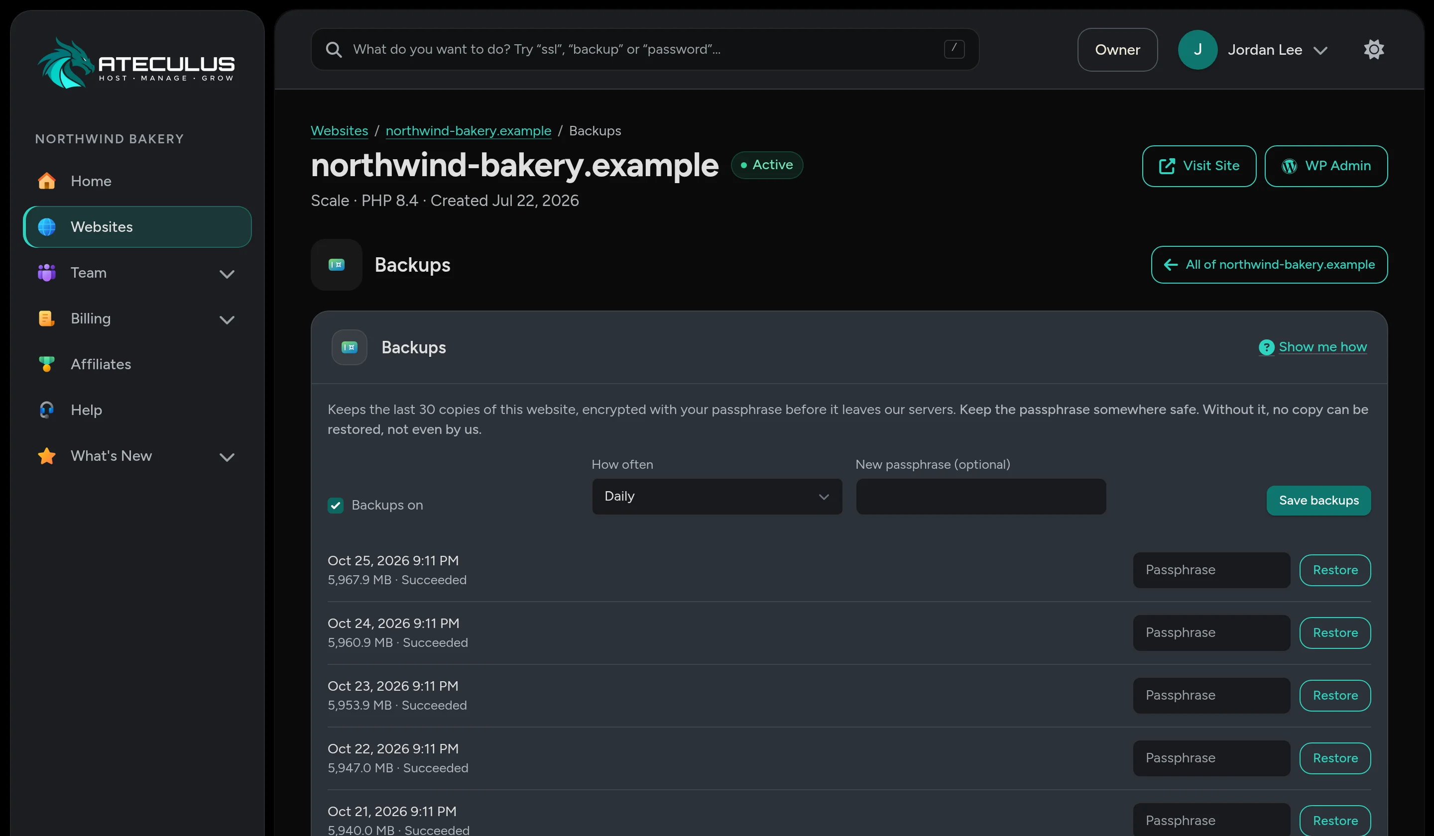 Backups in the Ateculus control panel: encrypted daily copies, restored with one click