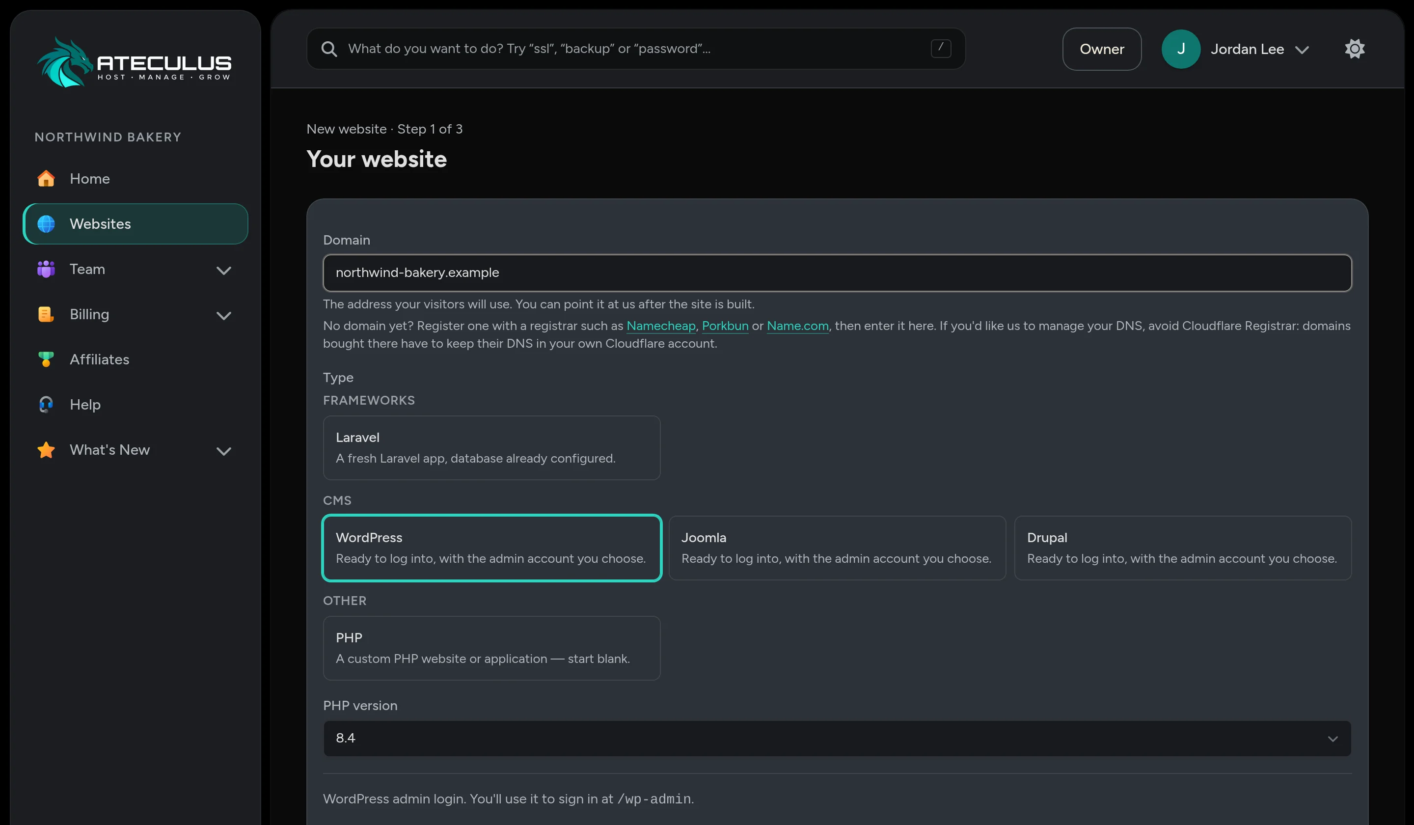 Adding a website in the Ateculus control panel: WordPress, Joomla, Drupal, Laravel or PHP