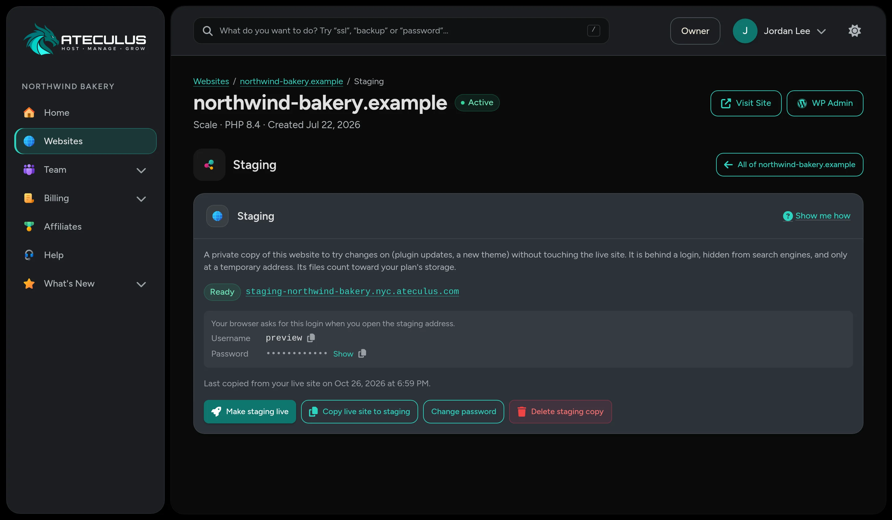 Staging in the Ateculus control panel: a private copy to try changes on, then make live