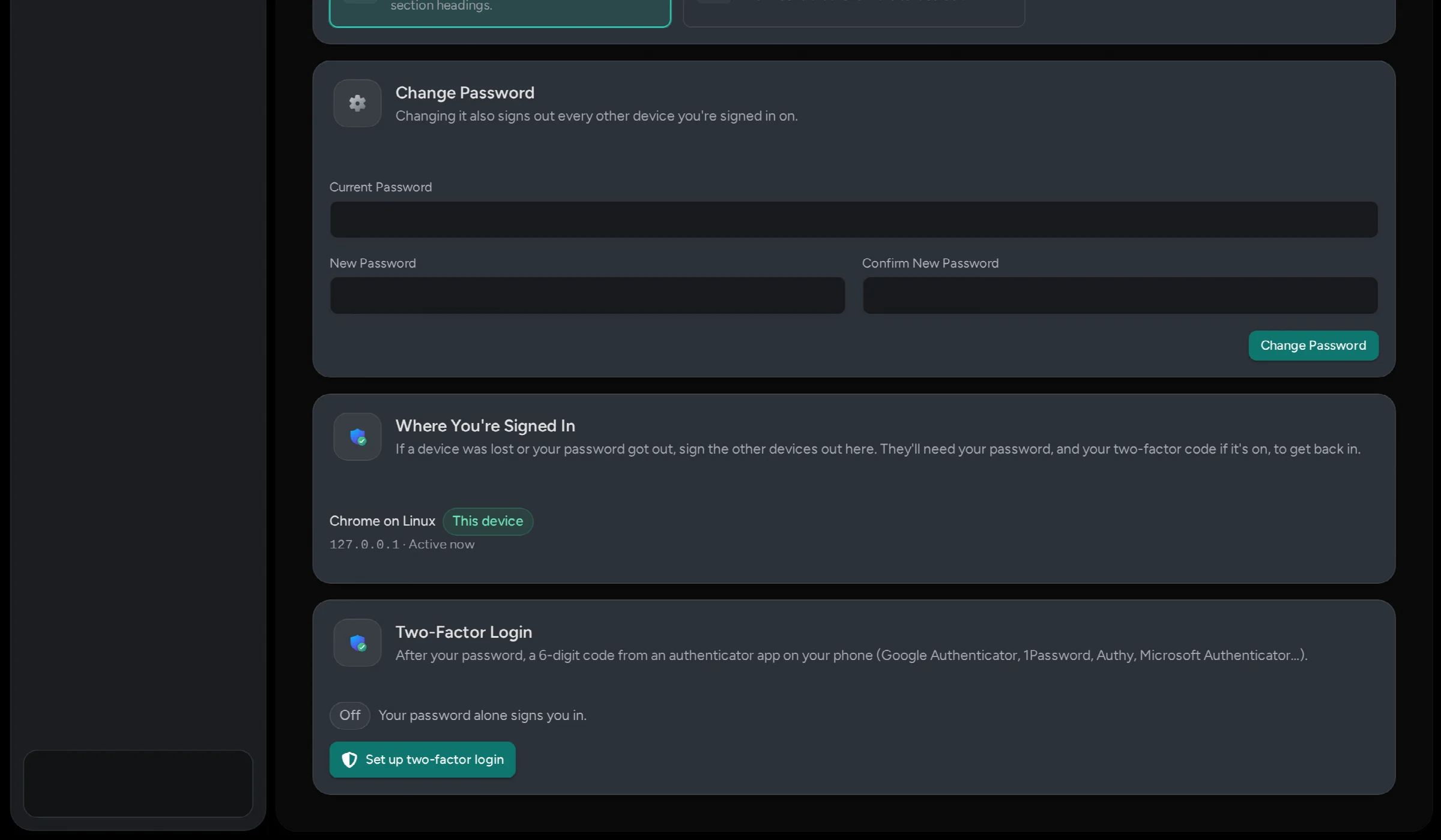 Account settings with two-factor login.