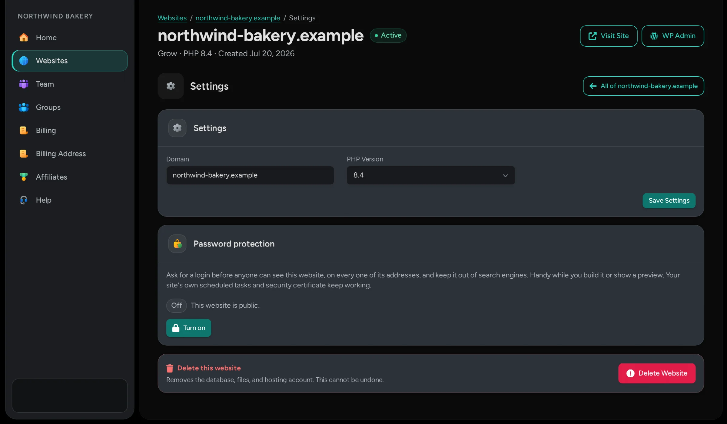A website's settings with password protection, which asks for a login before anyone can see the site.