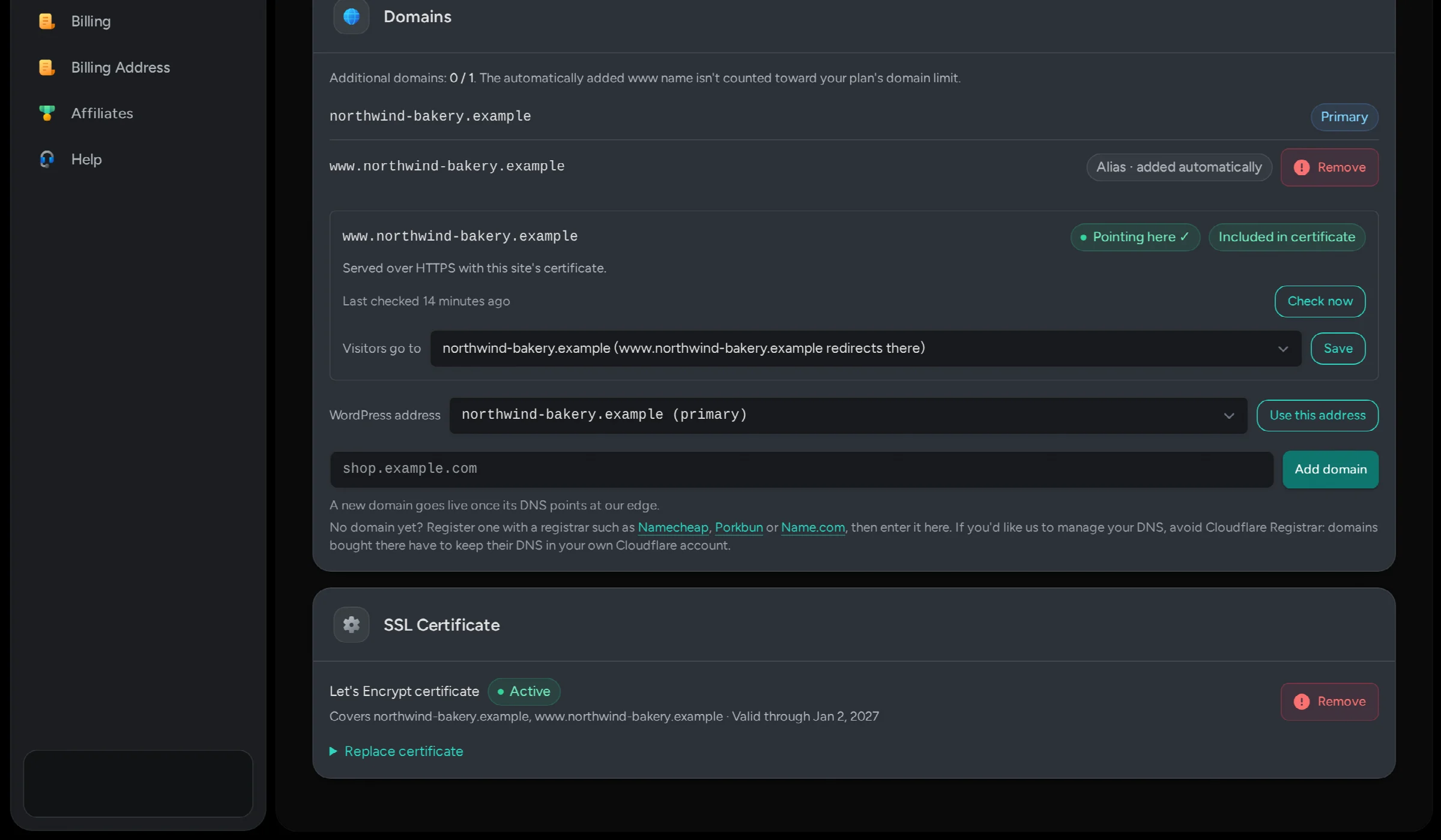 An active Let's Encrypt certificate covering a website and its www address.